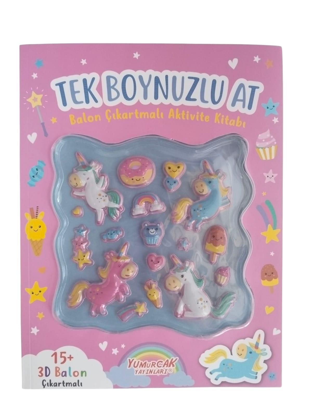 Yumurcak 3D Balon Çıkartmalı Aktiviteli Boyama Kitabı Tek Boynuzlu At 15 li 3d Balonlu Çıkartma Labirent-Nokta Birleştirme-Matematik-Fark Bulma Dikkat Çalışmaları