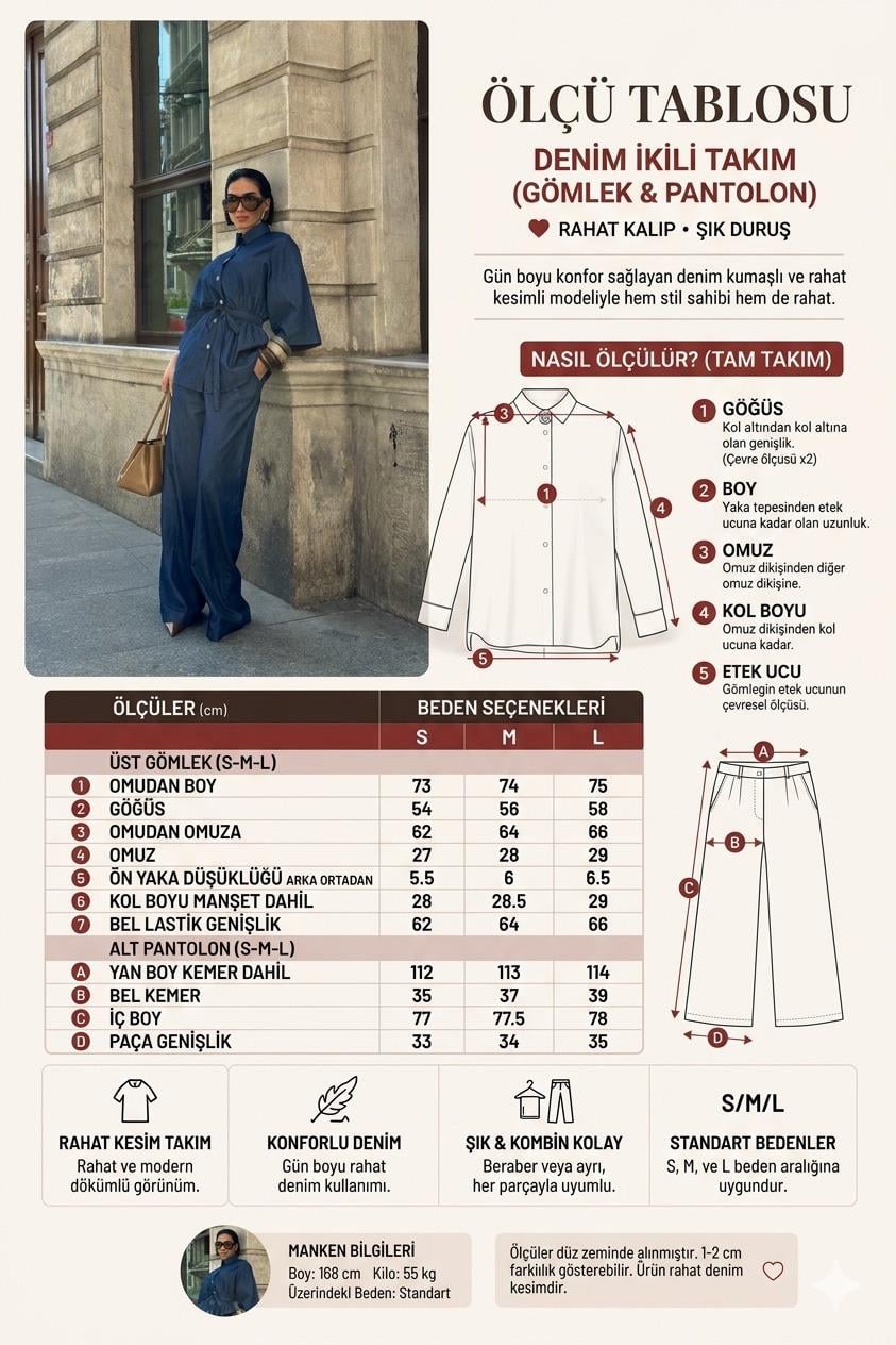 Beli Lastikli ve Kuşaklı Denim Takım 10021
