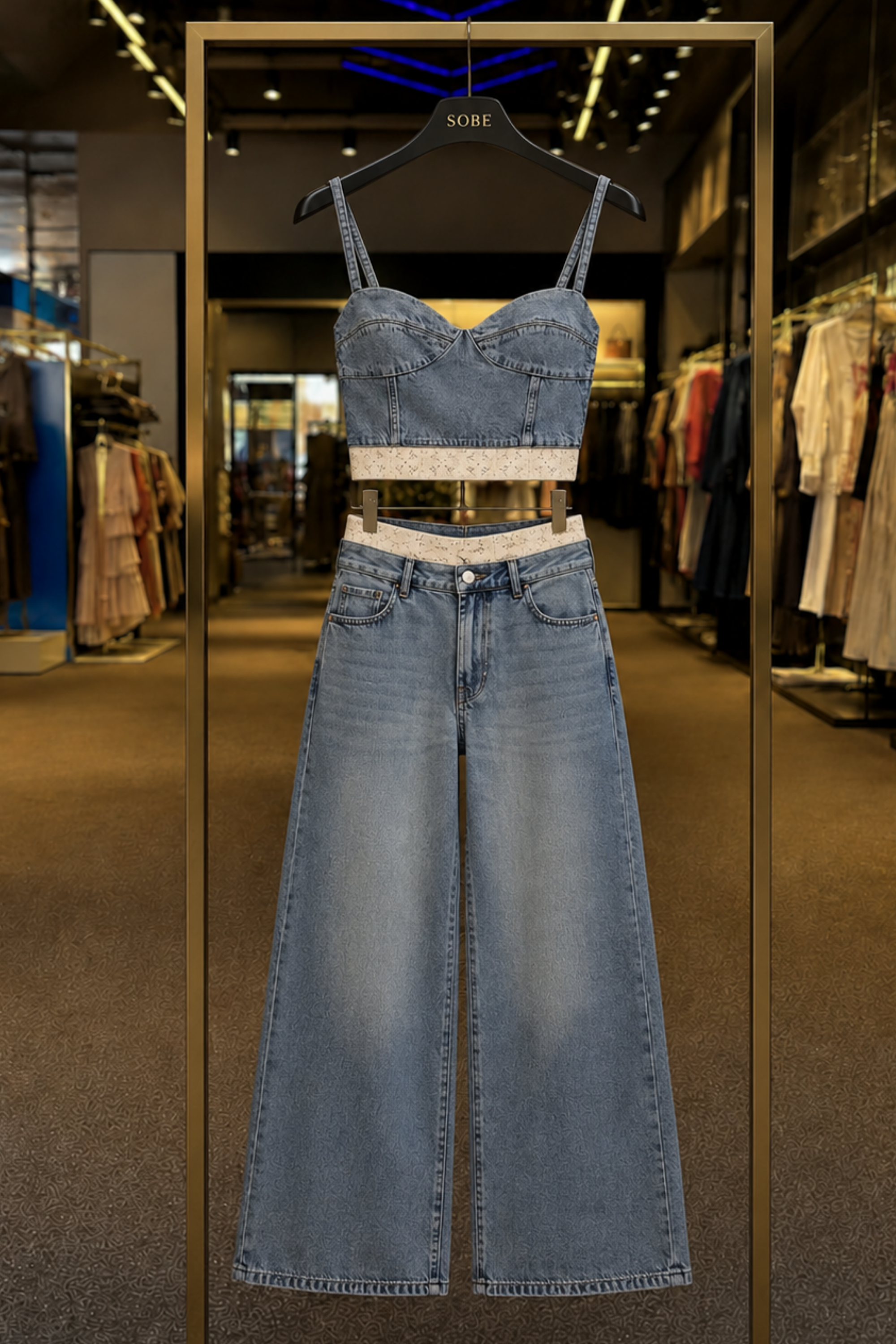 Bohem Detaylı Denim Büstiyer Bol Paça Pantolon İkili Takım 10350