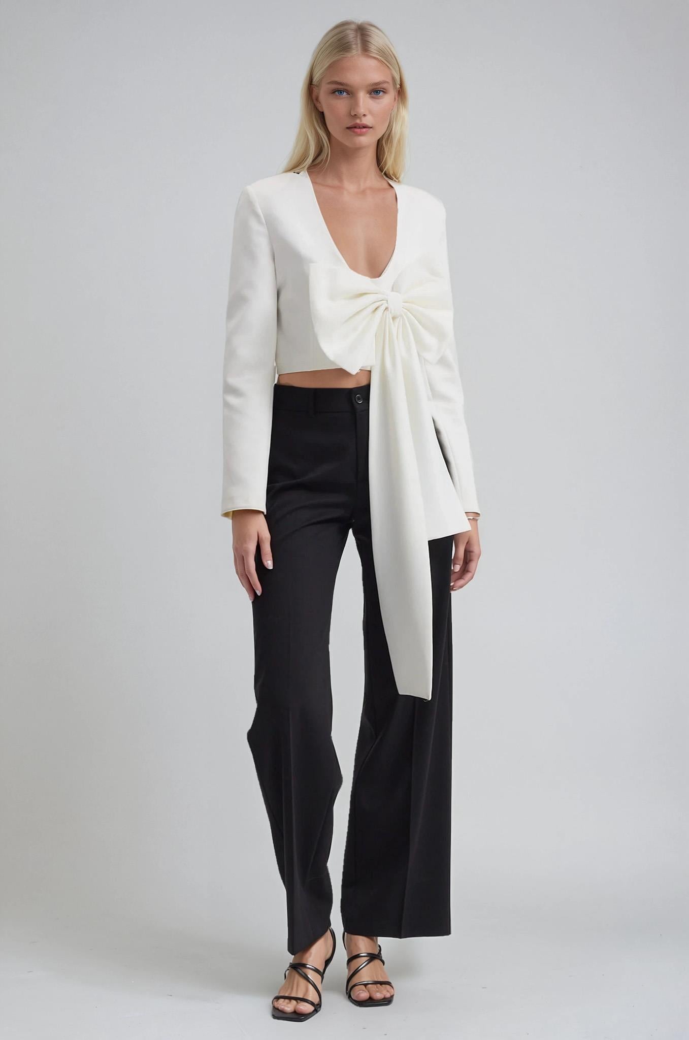 Büyük Fiyonk Detaylı Derin V Yaka Crop Blazer Ceket 6188