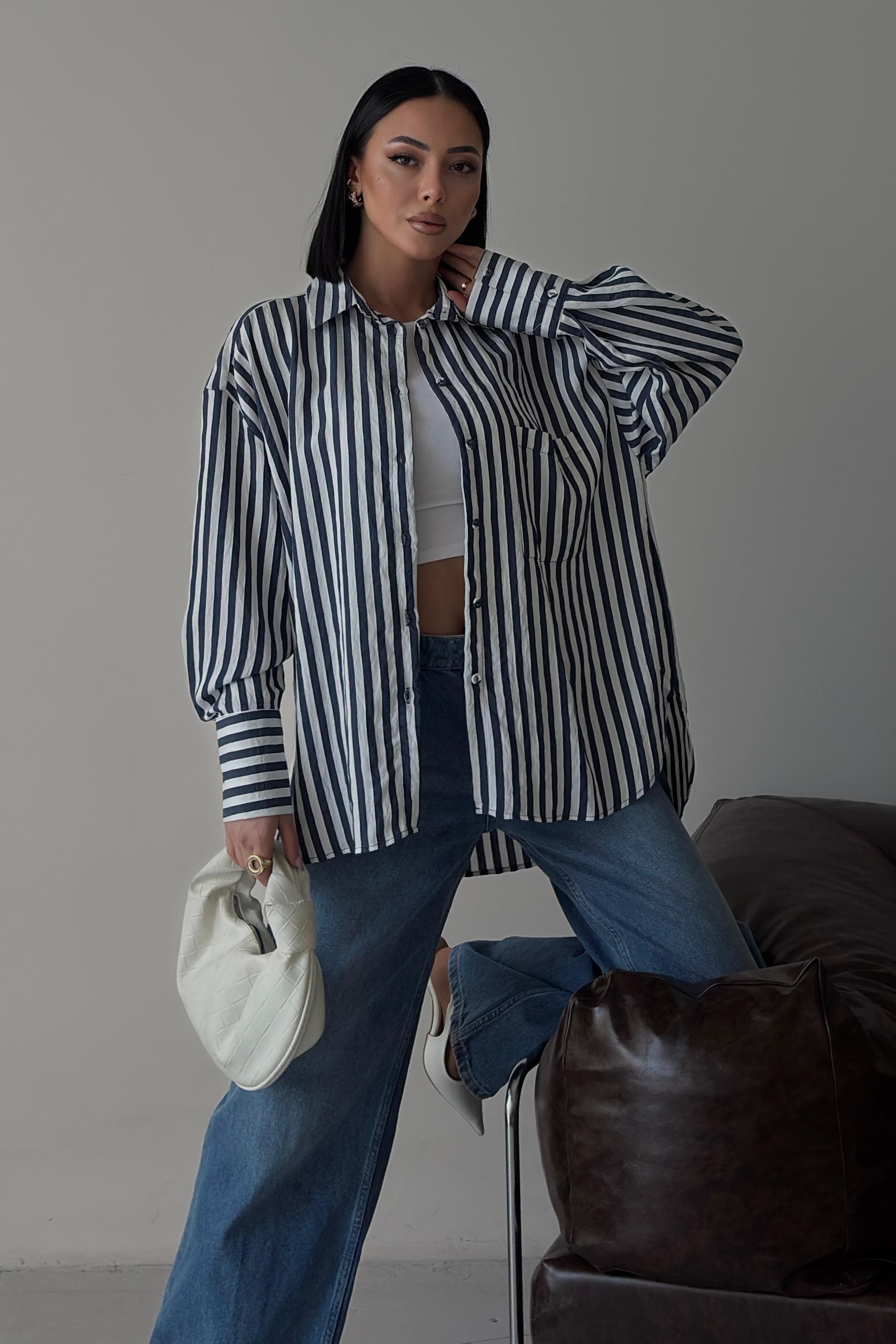 Çizgili Oversize Basic Gömlek 3504