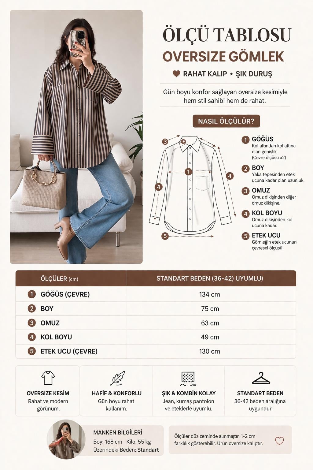 Çizgili Oversize Basic Gömlek 3504