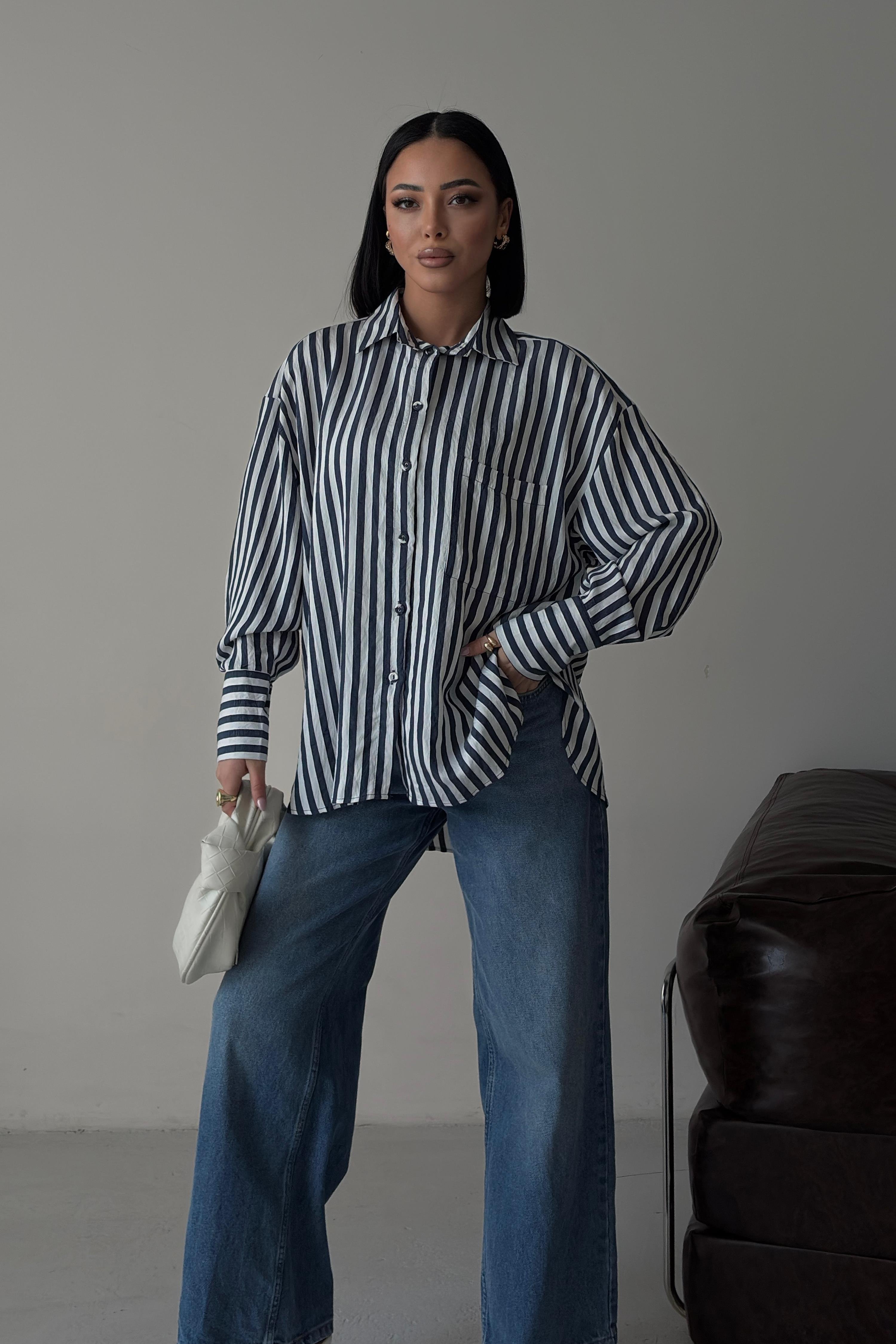 Çizgili Oversize Basic Gömlek 3504