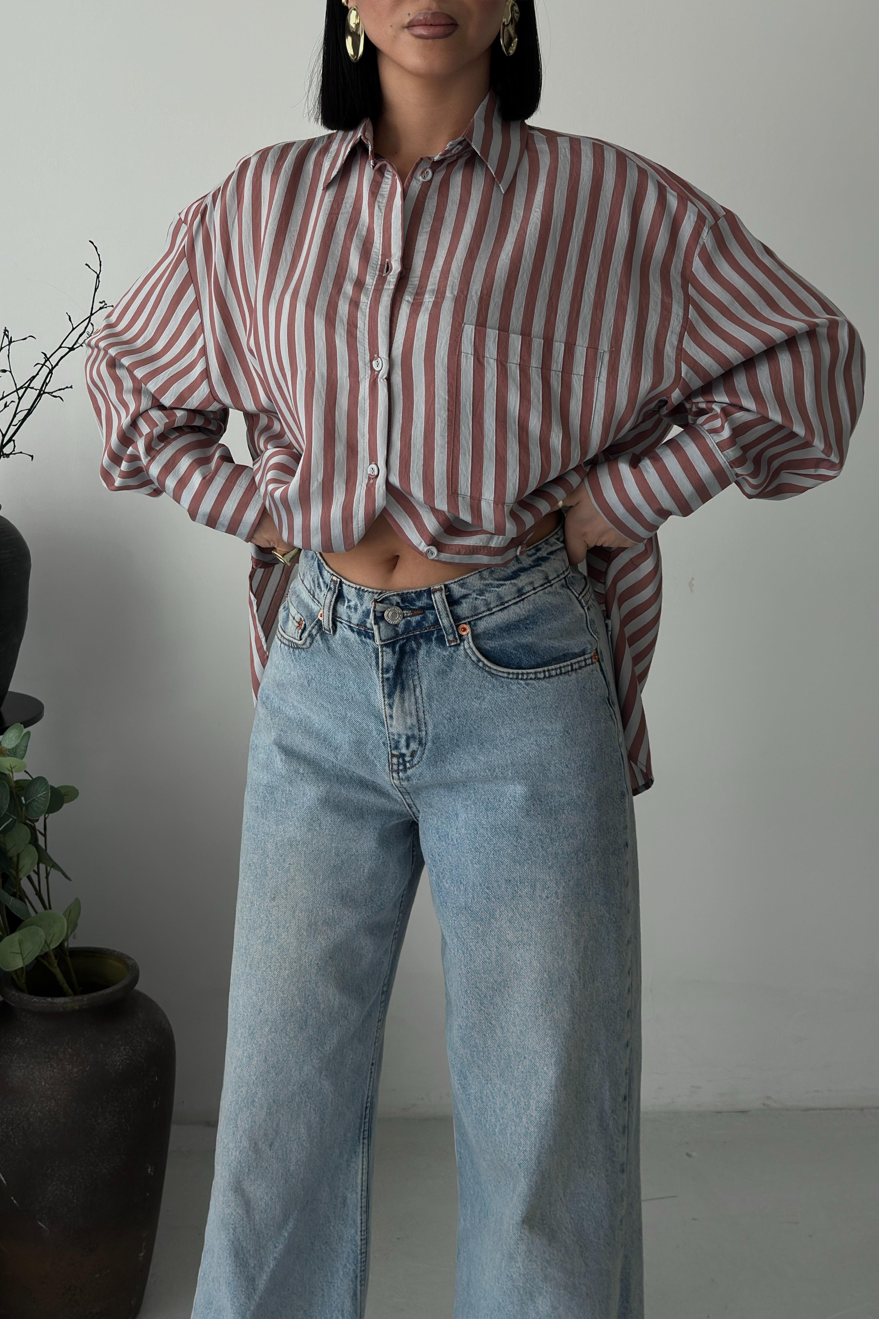 Çizgili Oversize Basic Gömlek 3504