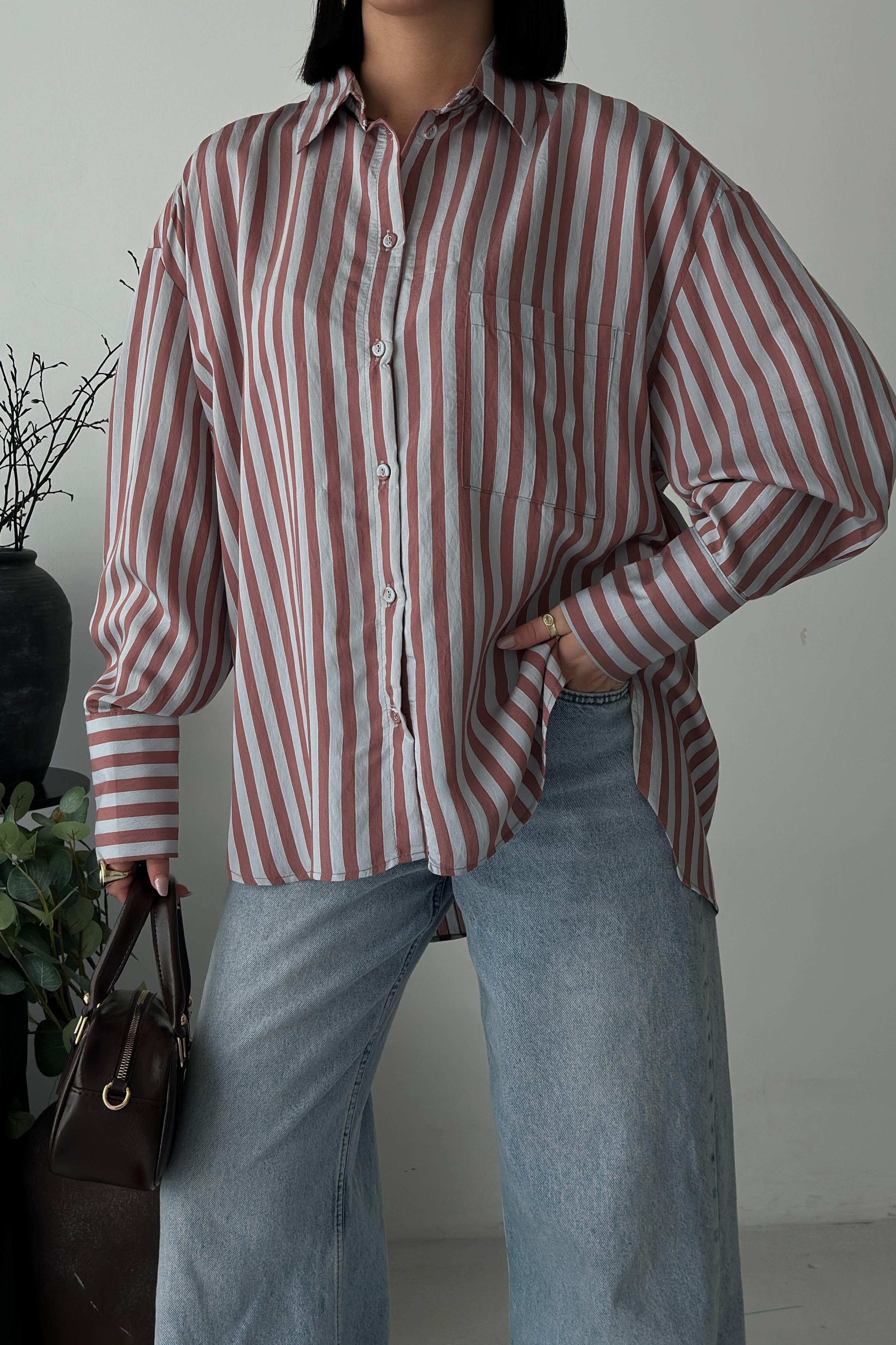 Çizgili Oversize Basic Gömlek 3504