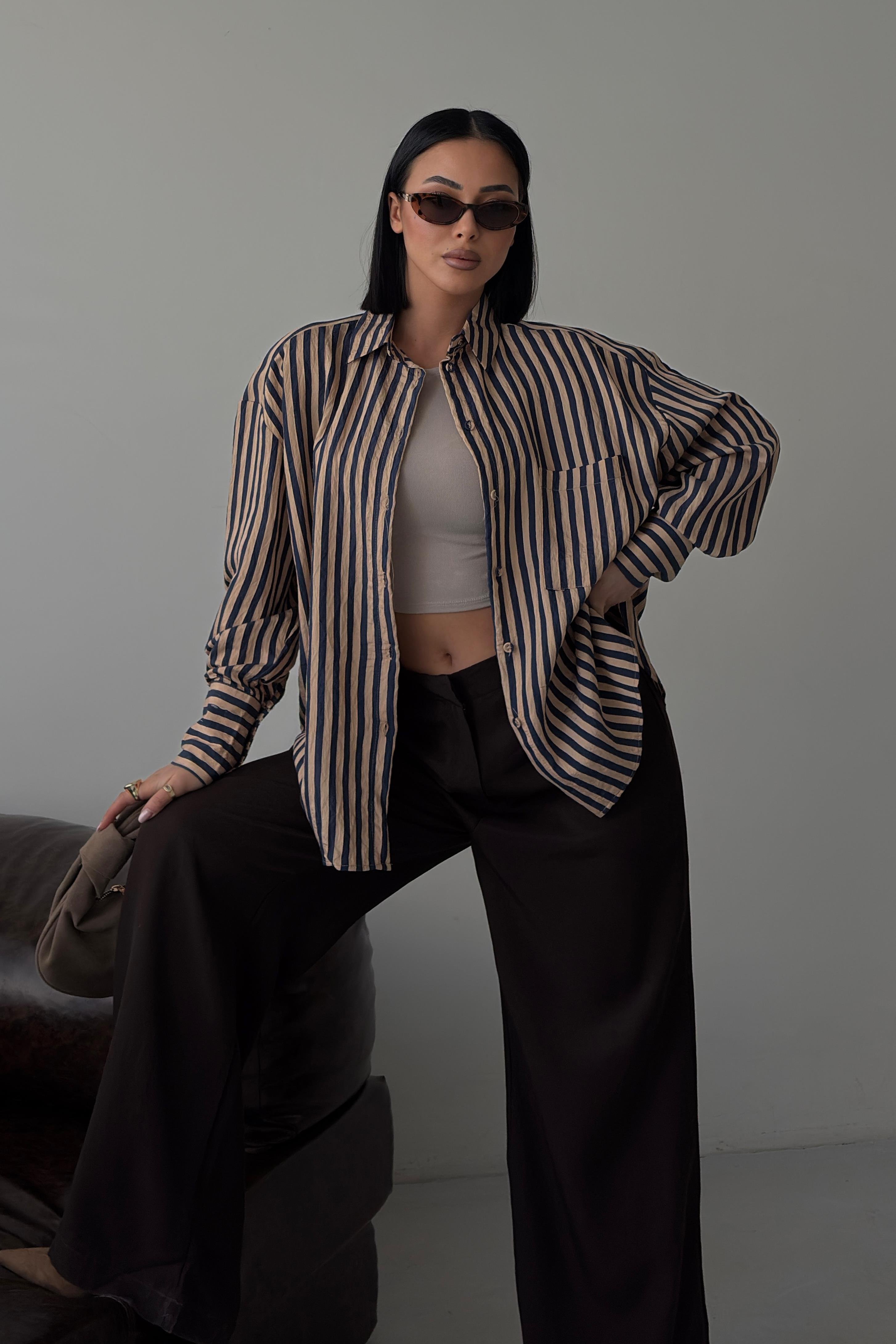 Çizgili Oversize Basic Gömlek 3504