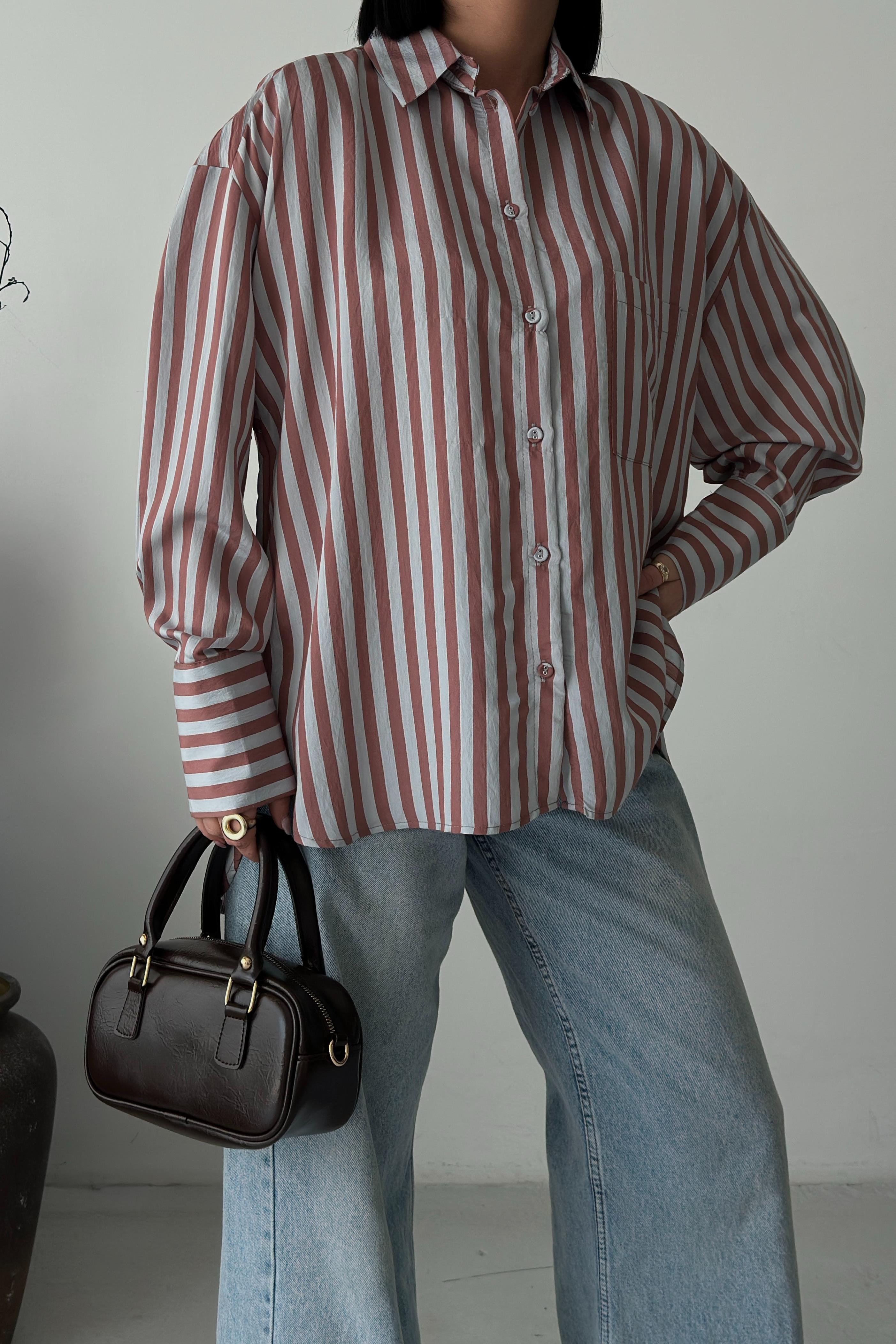 Çizgili Oversize Basic Gömlek 3504