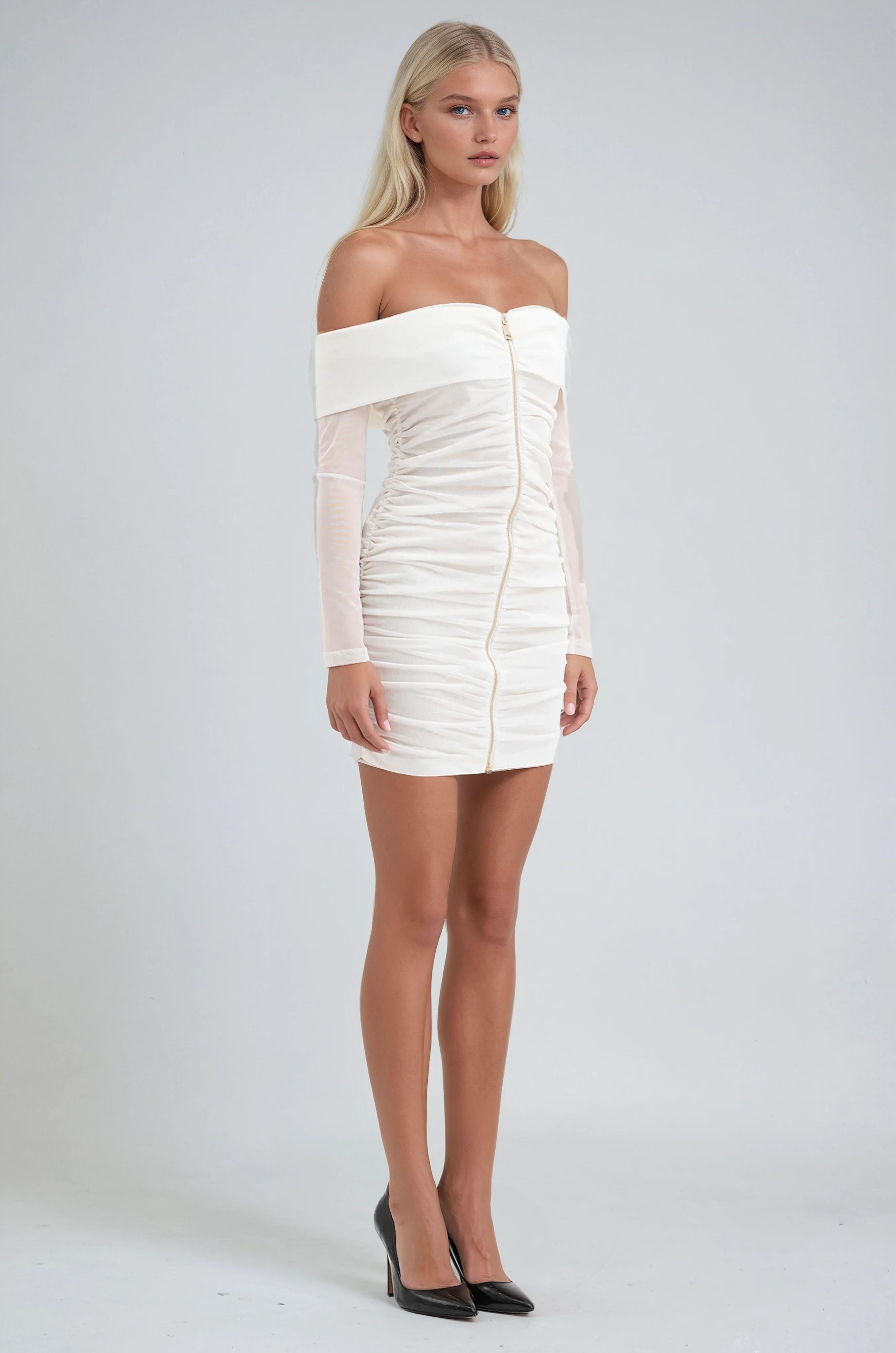 Drape Detaylı Full Fermuar Mini Tül Elbise 2937 R5-G-K5