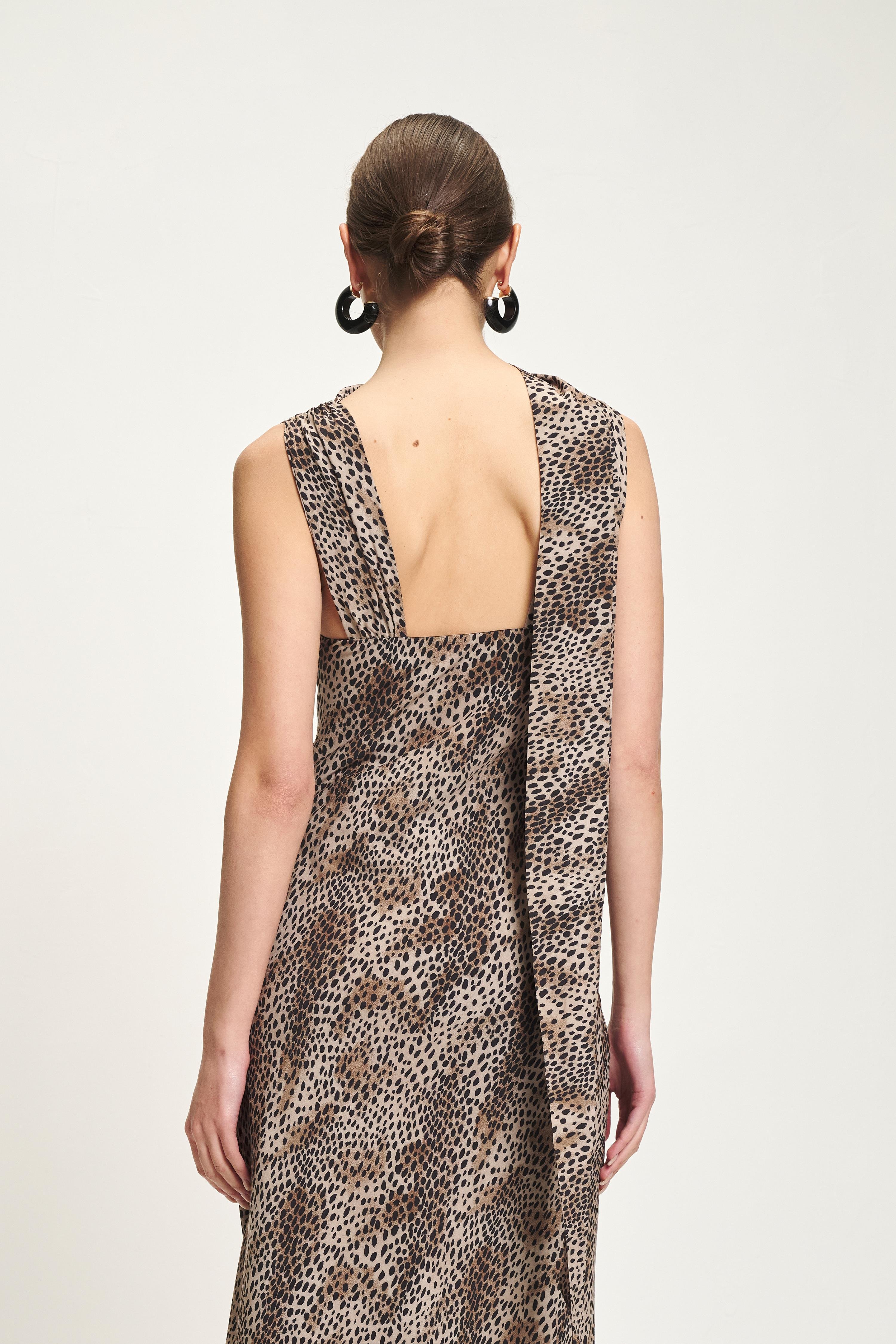 Fular Detaylı Uzun Leopar Elbise 2927 R5-C-K5