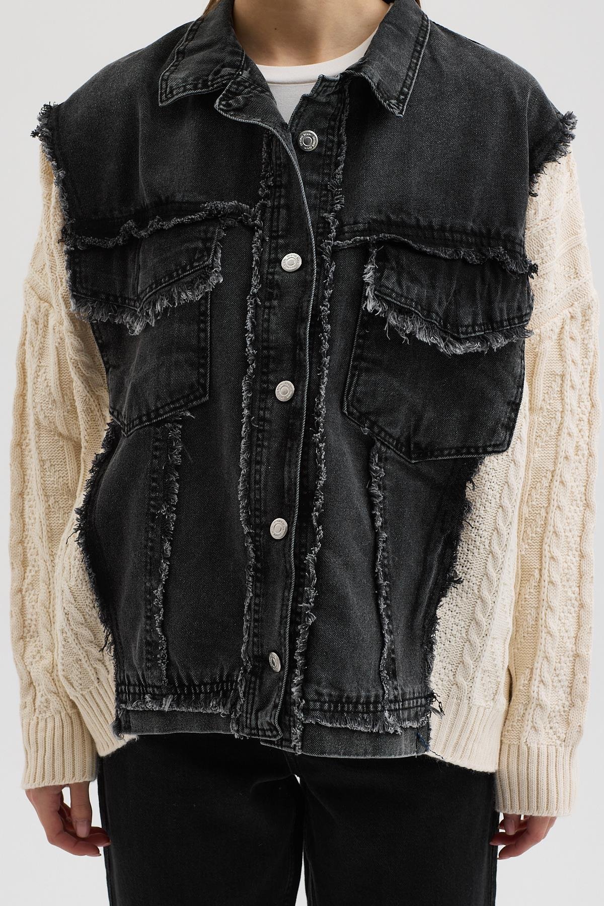 Kol Örgülü Rahat Denim Ceket  6173