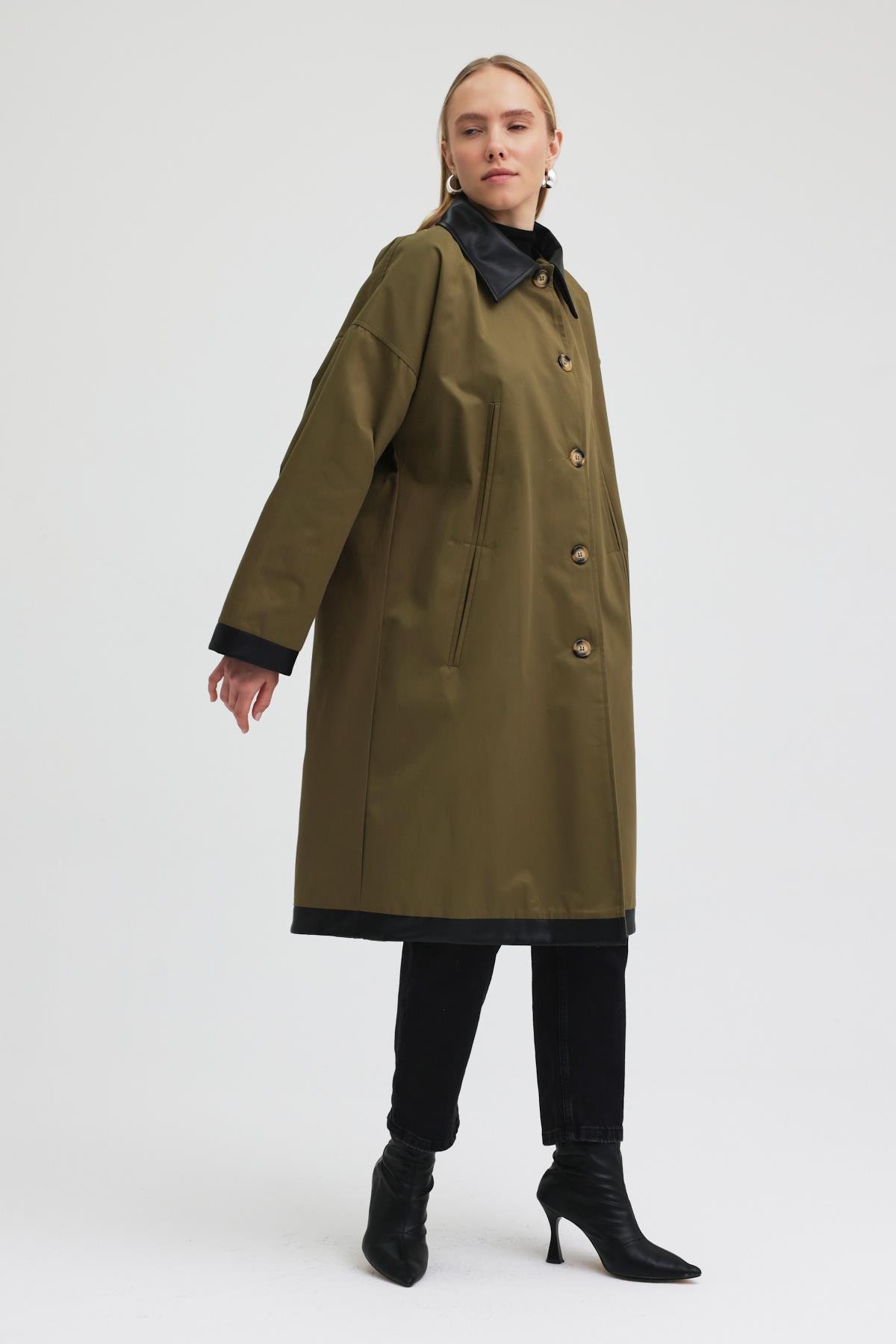 Kol ve Yakası Deri Detaylı Oversize Trençkot   7104 R1-H-K4