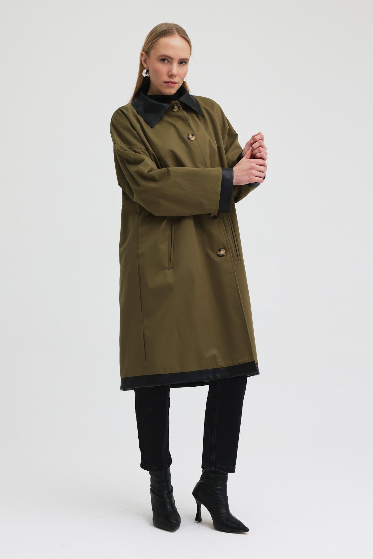 Kol ve Yakası Deri Detaylı Oversize Trençkot   7104 R1-H-K4
