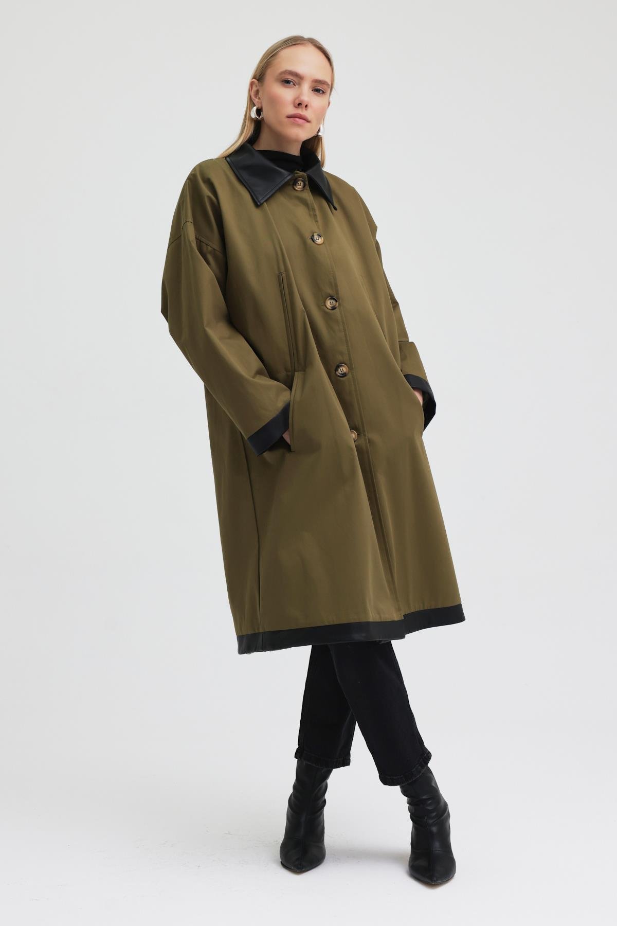 Kol ve Yakası Deri Detaylı Oversize Trençkot   7104 R1-H-K4