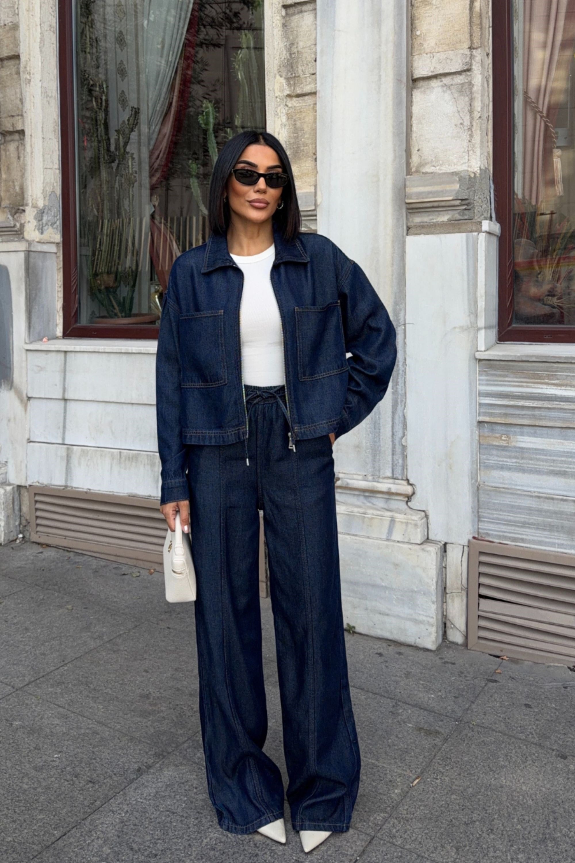 Lacivert Denim Fermuarlı Ceket ve Bol Paça Pantolon İkili Takım 10373