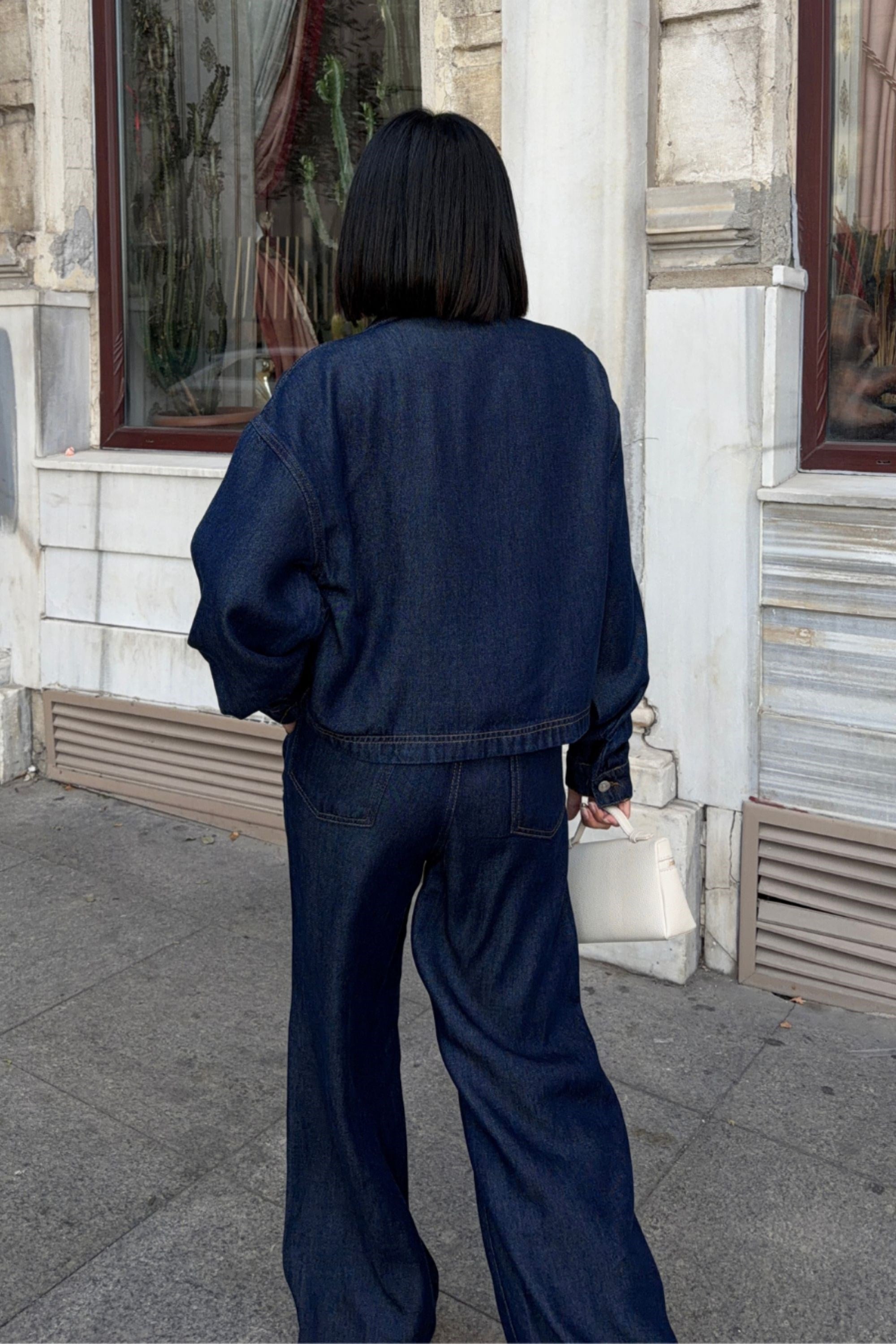 Lacivert Denim Fermuarlı Ceket ve Bol Paça Pantolon İkili Takım 10373