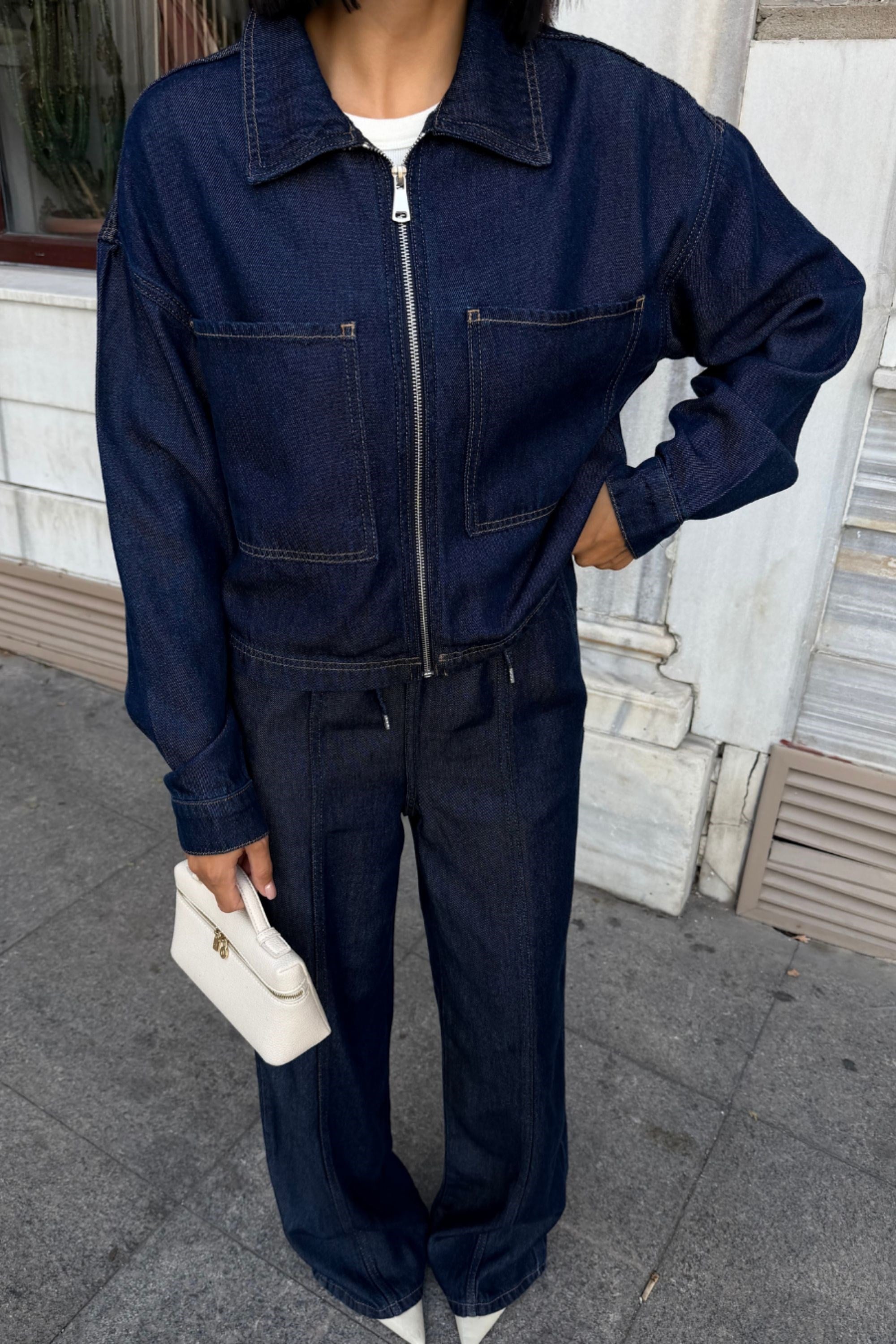 Lacivert Denim Fermuarlı Ceket ve Bol Paça Pantolon İkili Takım 10373