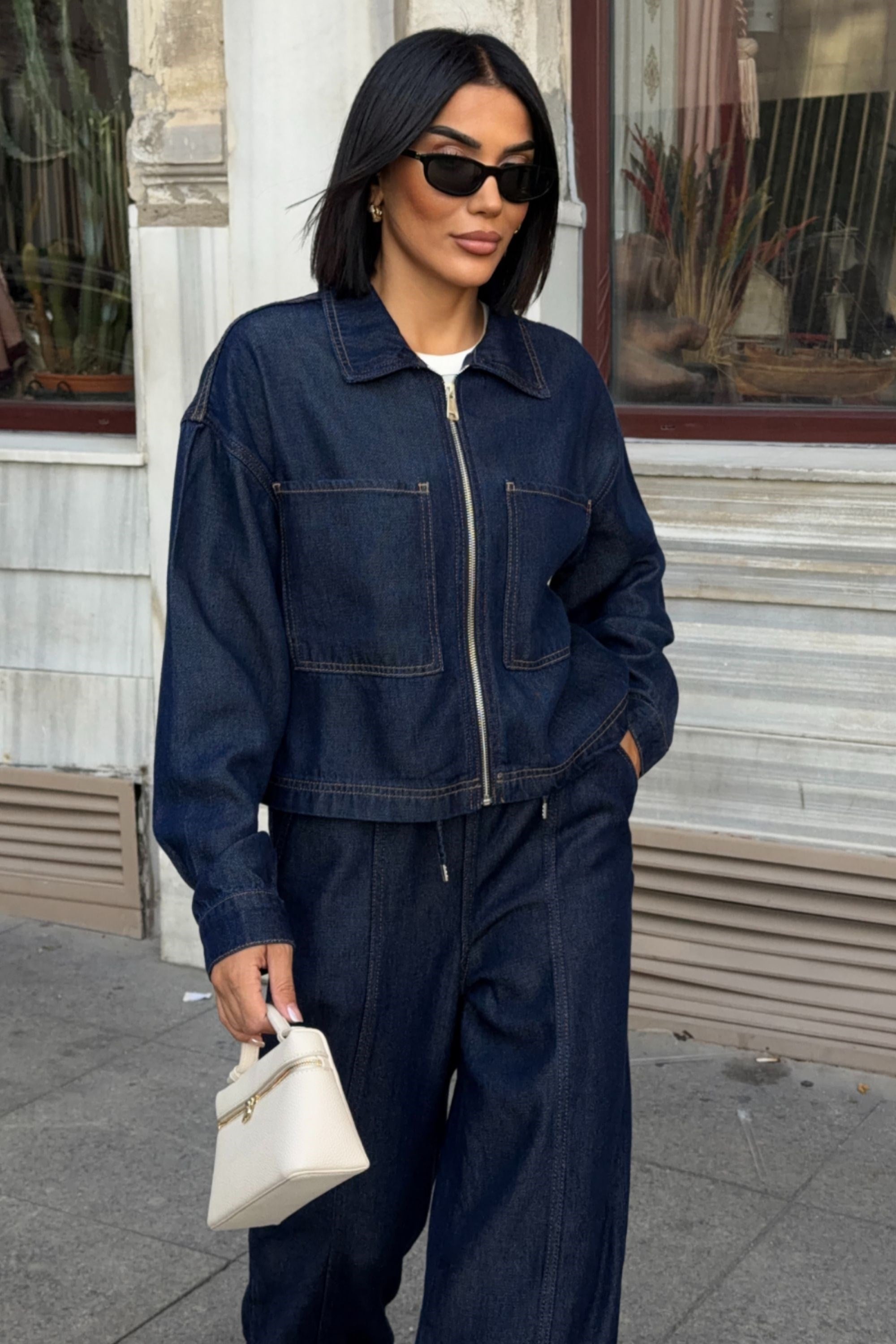 Lacivert Denim Fermuarlı Ceket ve Bol Paça Pantolon İkili Takım 10373