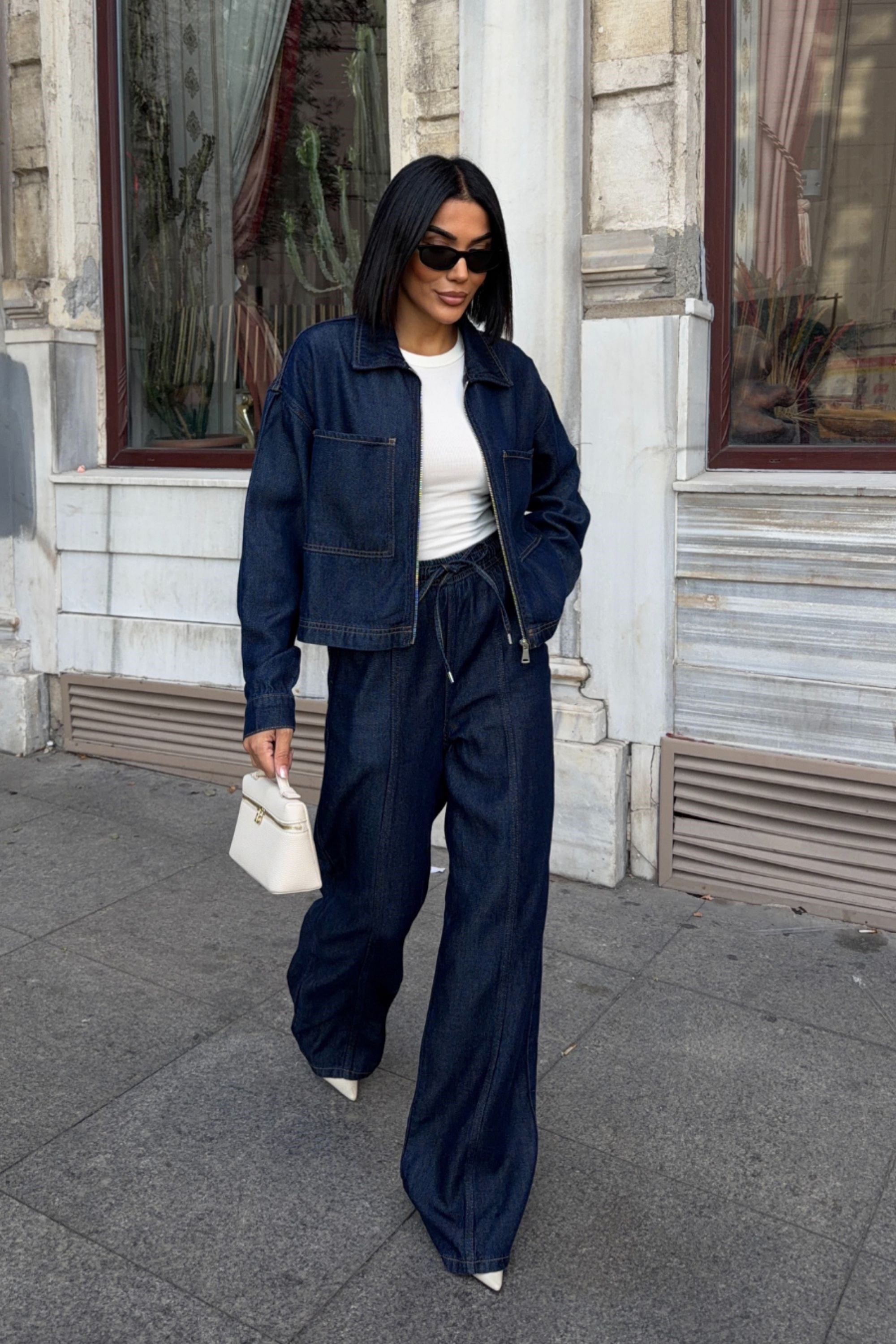 Lacivert Denim Fermuarlı Ceket ve Bol Paça Pantolon İkili Takım 10373