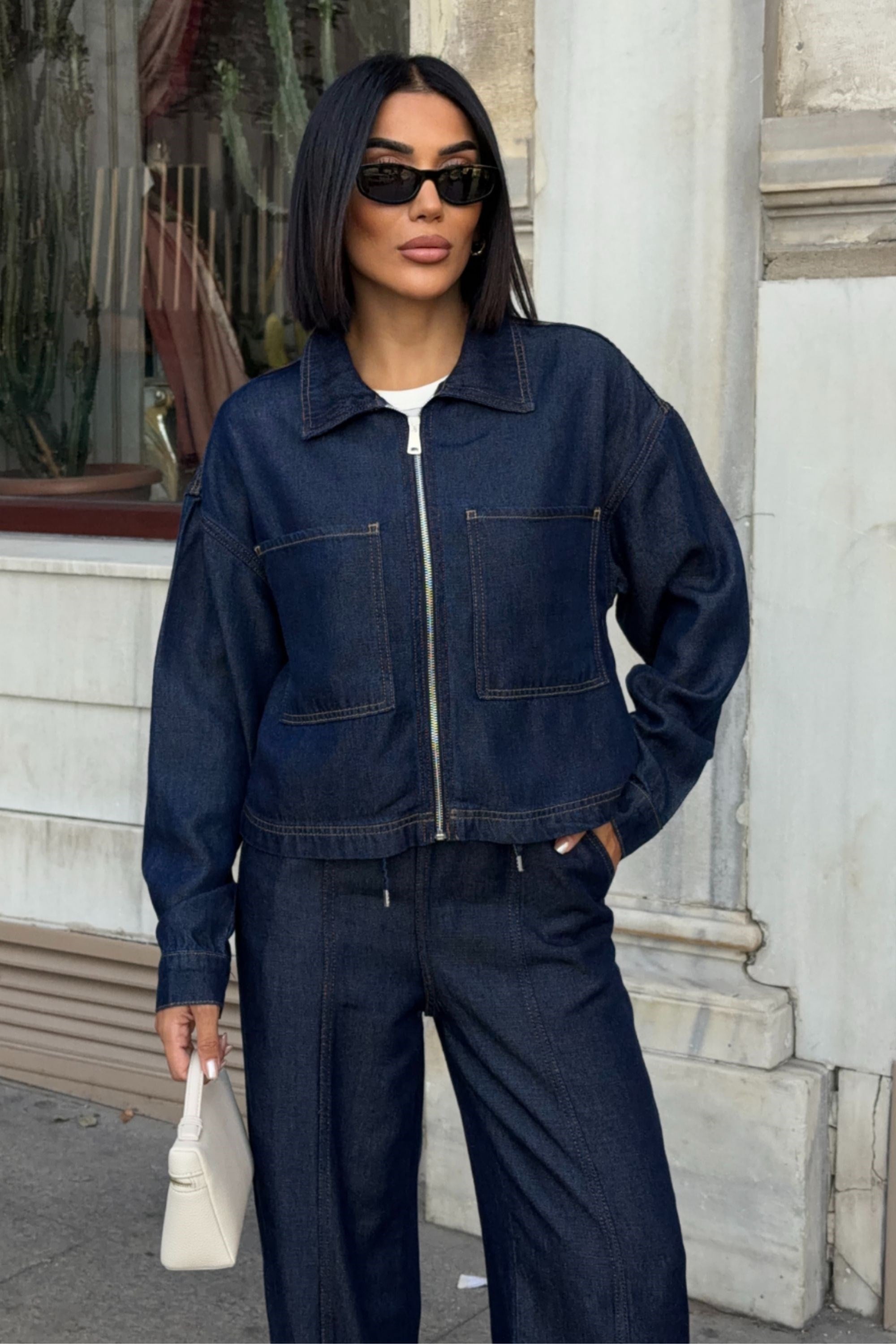 Lacivert Denim Fermuarlı Ceket ve Bol Paça Pantolon İkili Takım 10373