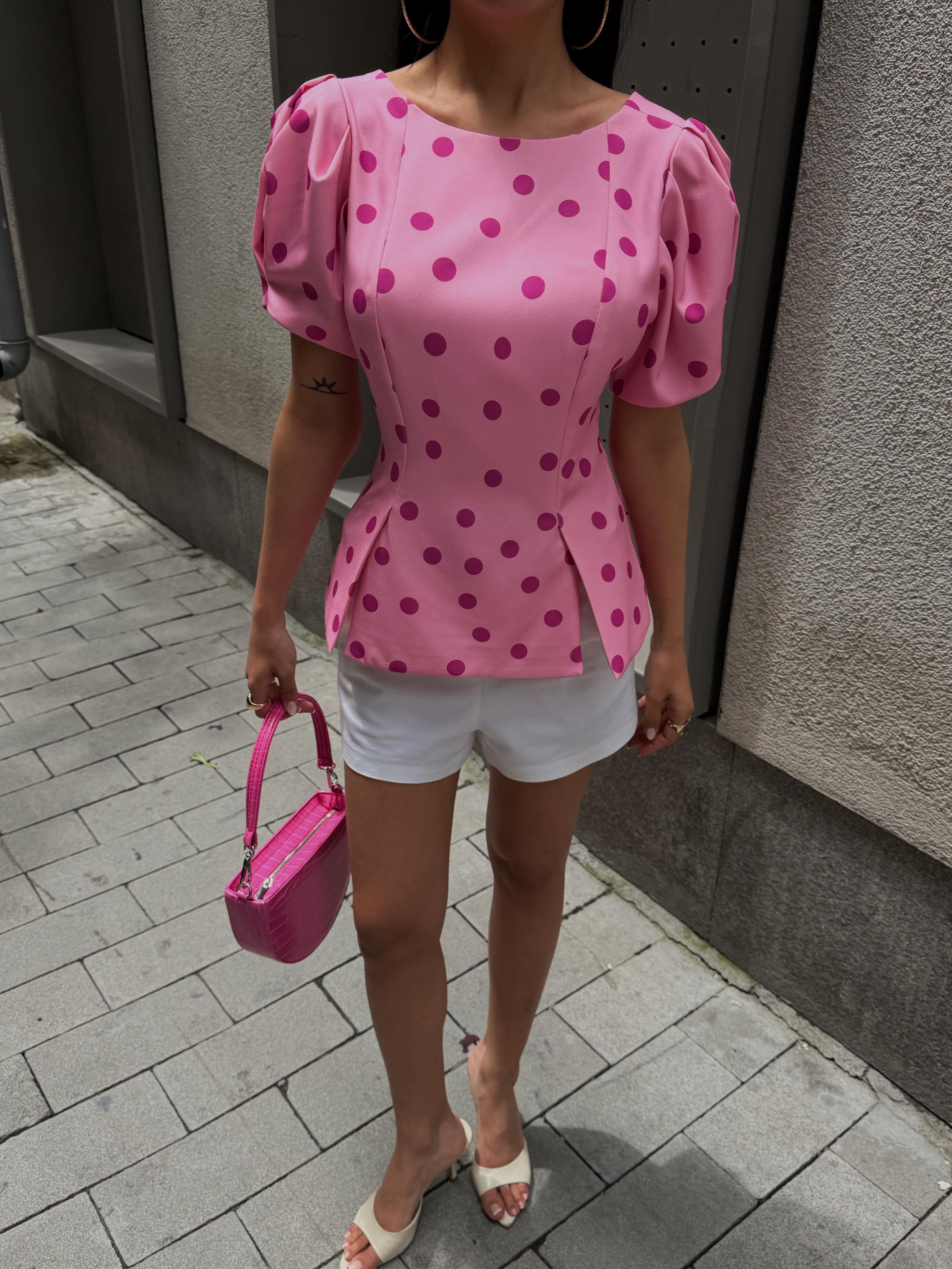 Pembe Puantiyeli Vatkalı Balon Kol Bluz 3483