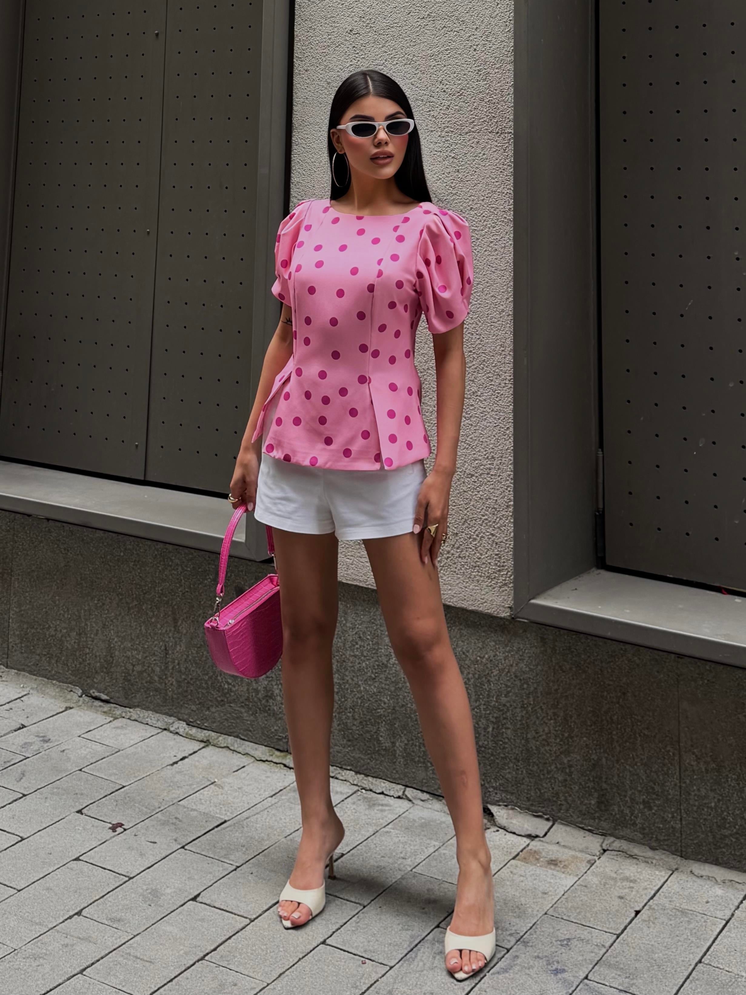 Pembe Puantiyeli Vatkalı Balon Kol Bluz 3483