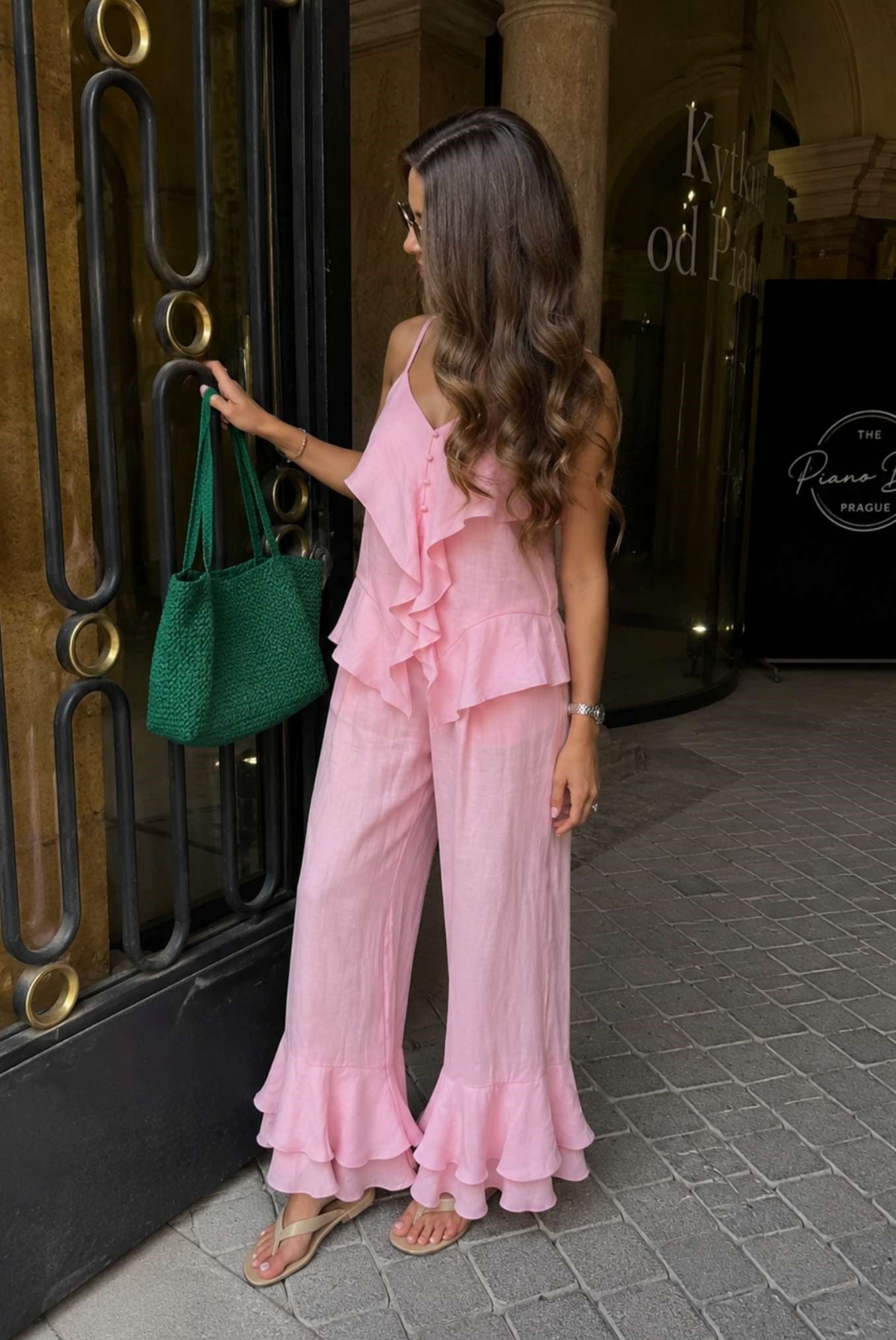 Volan Detaylı Askılı Bluz Geniş Paça Pantolon Takım 10343