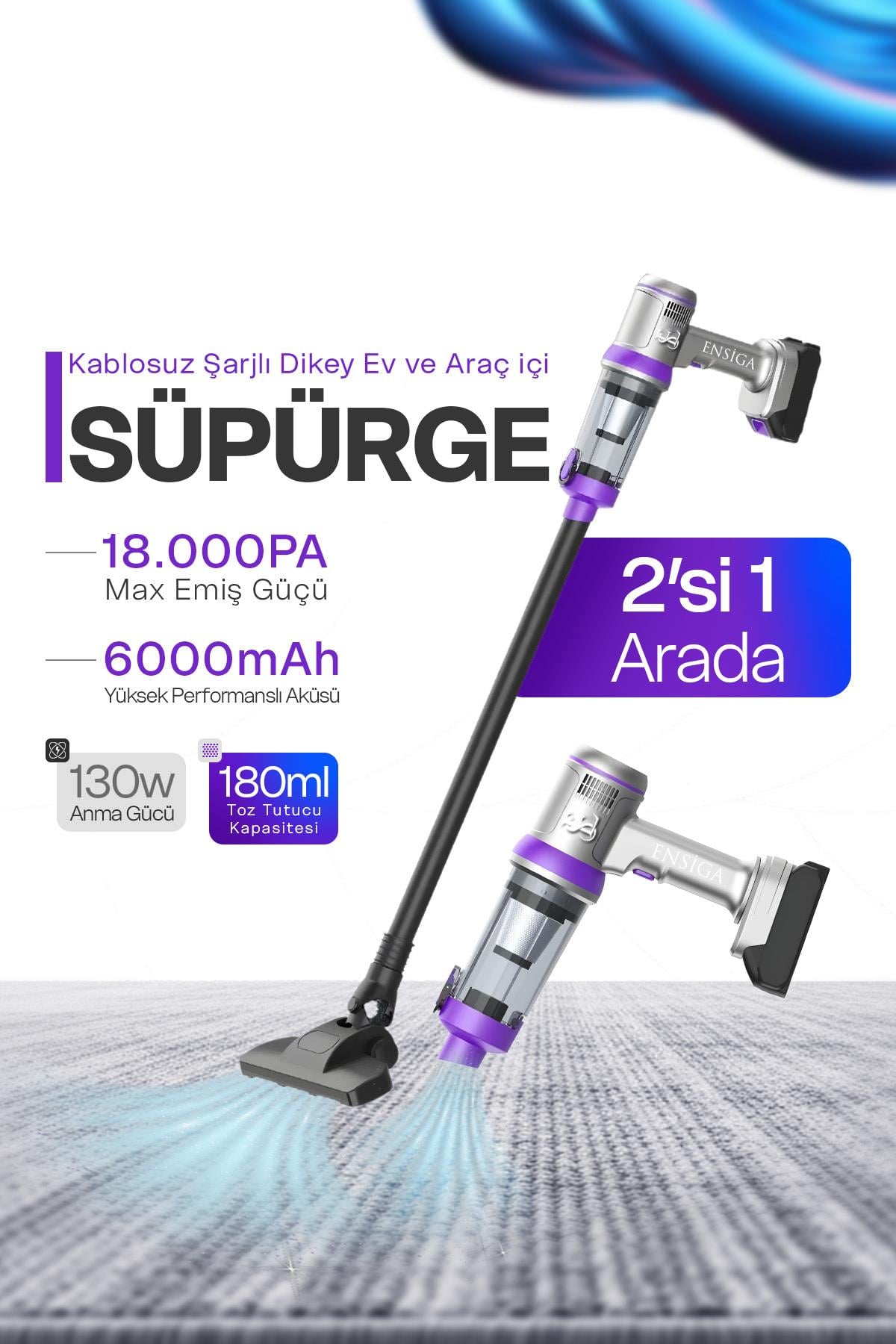 18.000 Pa Max Emiş Güçlü Kablosuz Şarjlı Dikey Süpürge Ev ve Araç içi süpürge
