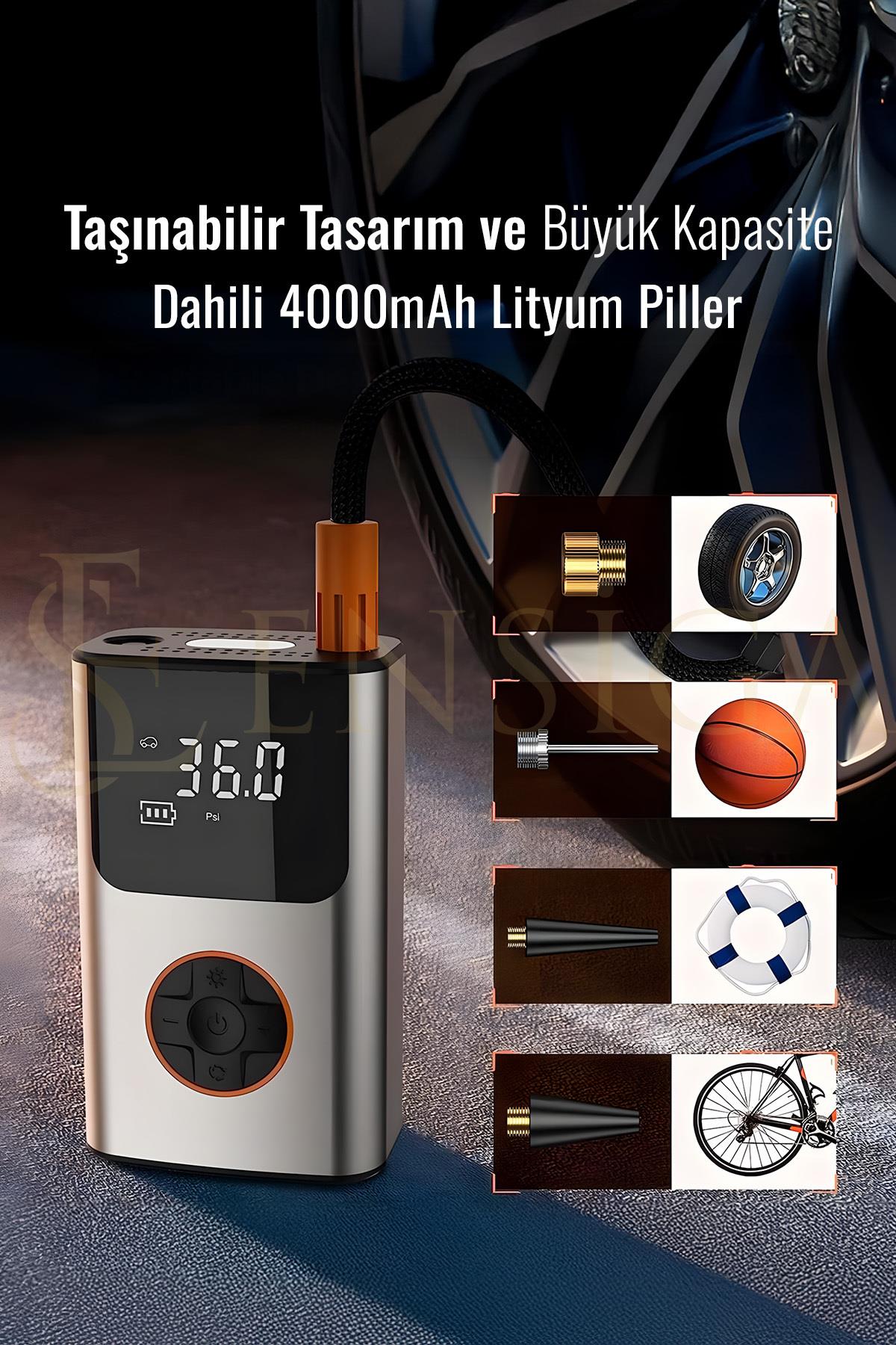 4000 Mah Şarjlı Taşınabilir Araba Lastik Hava Top Şişirme Pompası LED Işıklı Dijital Hava Kompresörü