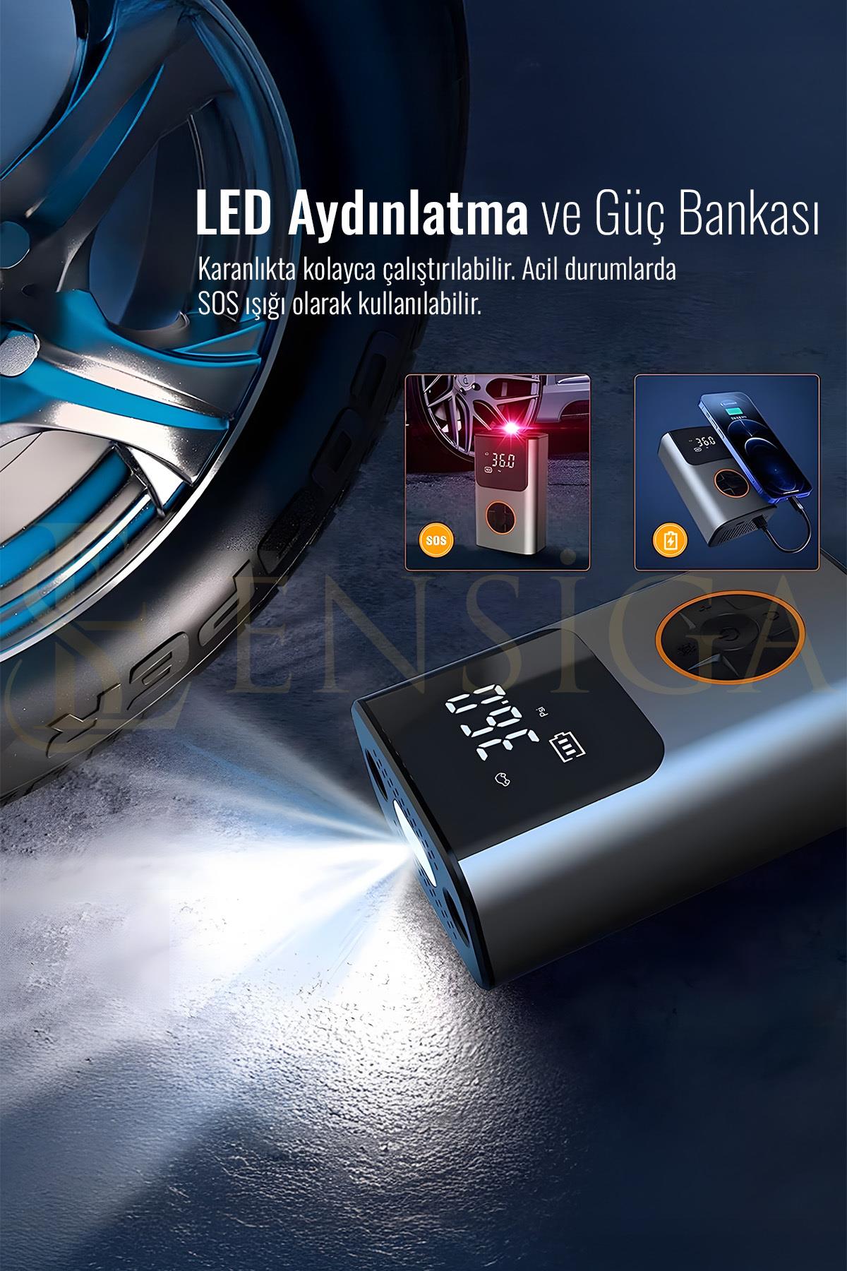 4000 Mah Şarjlı Taşınabilir Araba Lastik Hava Top Şişirme Pompası LED Işıklı Dijital Hava Kompresörü