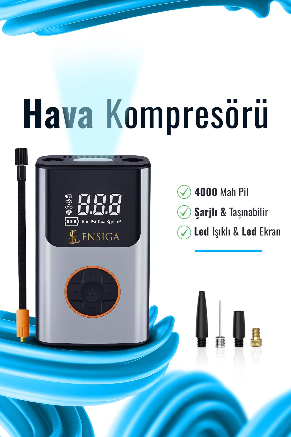 4000 Mah Şarjlı Taşınabilir Araba Lastik Hava Top Şişirme Pompası LED Işıklı Dijital Hava Kompresörü