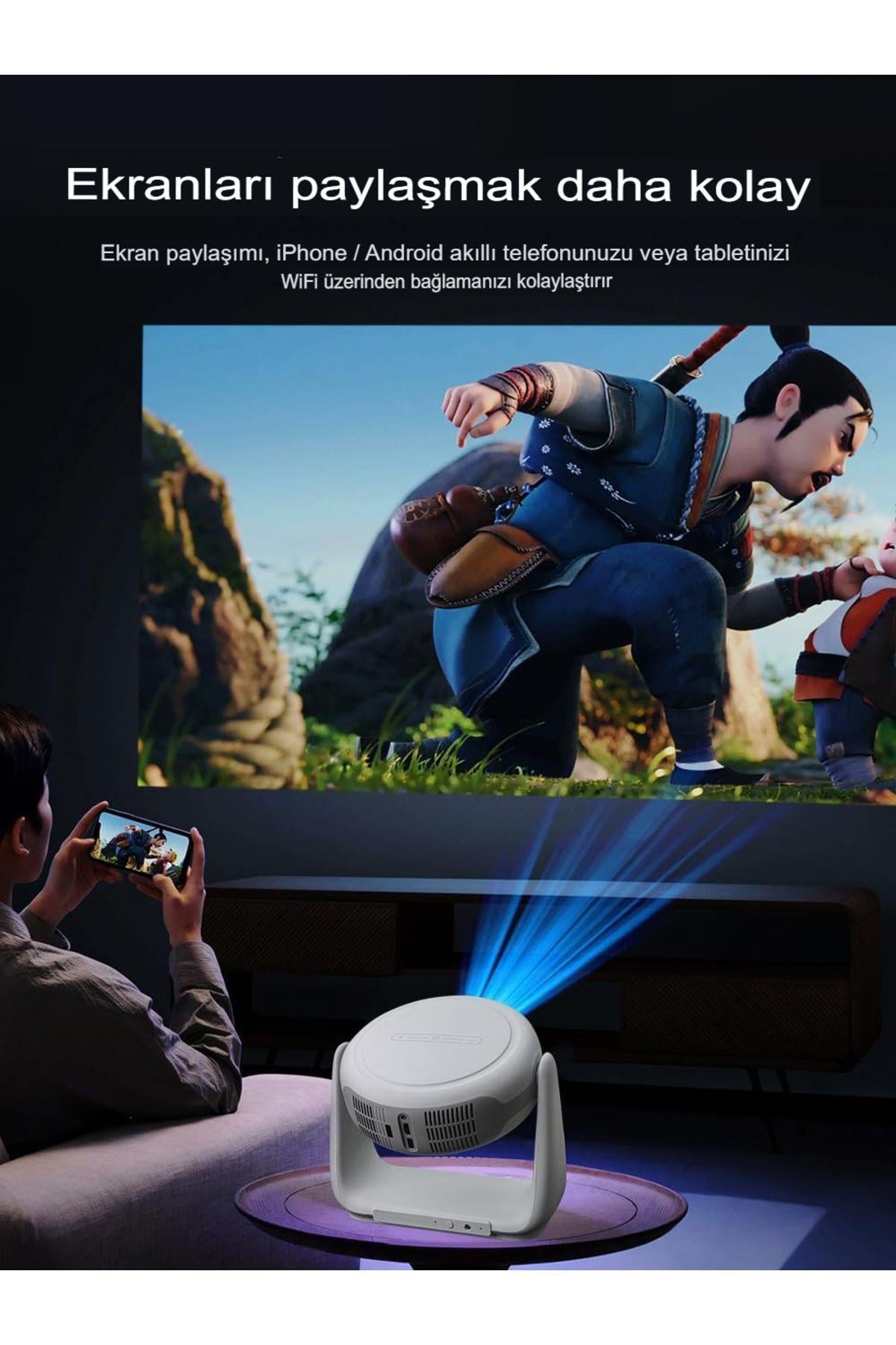 4K Şarjlı Bluetooth Android Akıllı Hoparlörlü Işıklı Gerçek 4K Taşınabilir Sinema Projektörü