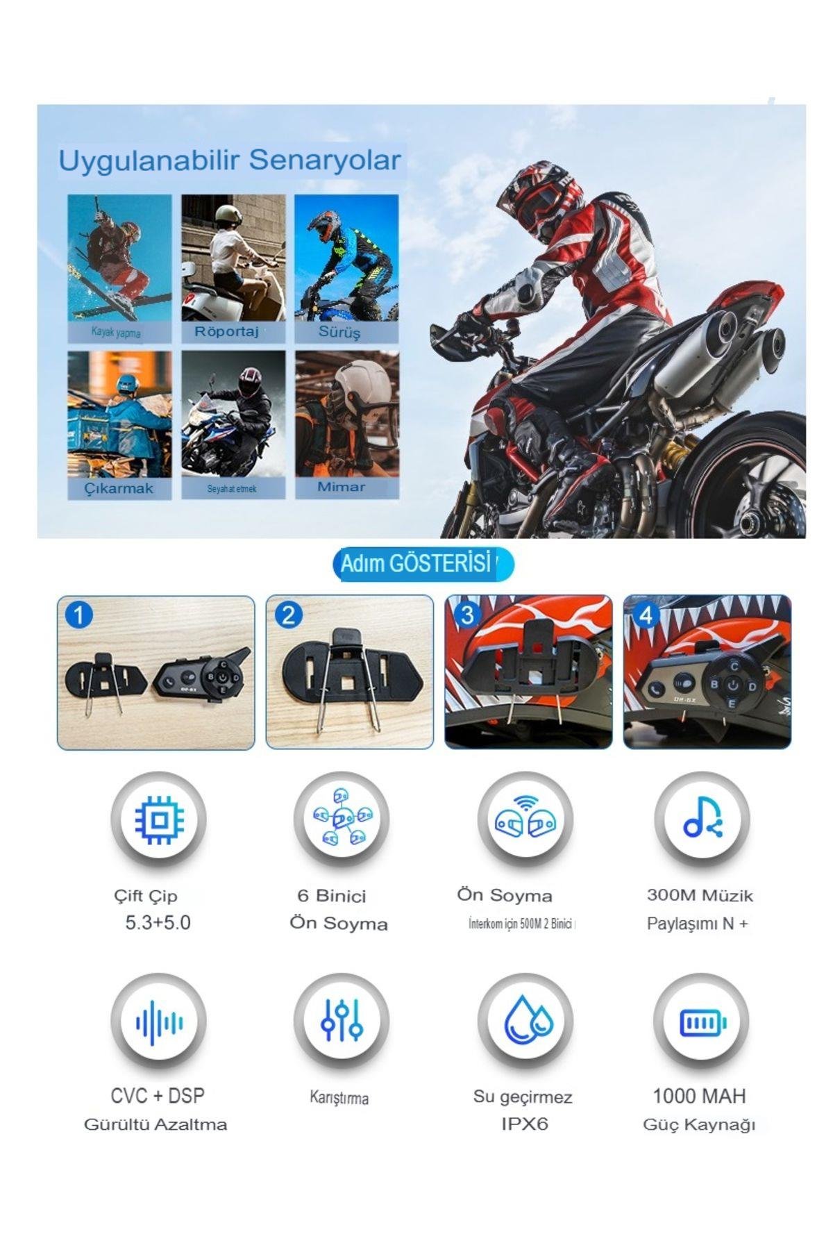 6 Kişi Eşleşmeli    2 Kişi Uyumlu Konuşmalı Motosiklet İntercom 500m Mesafeli Müzik Paylaşımlı