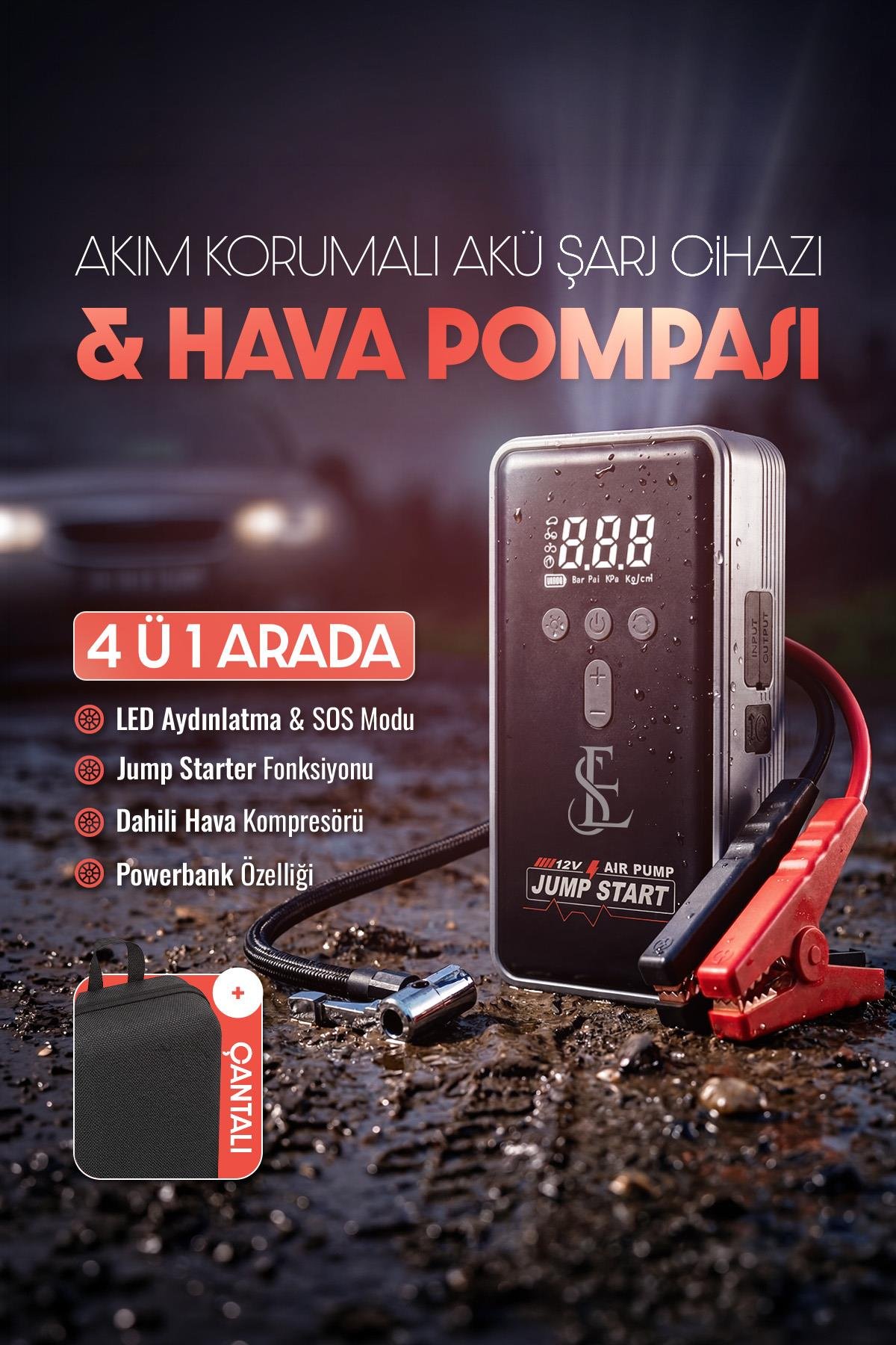 Akım Korumalı 16.000 Mah Akü Şarj Cihazı Çantalı Jump Starter Kompresör Powerbank