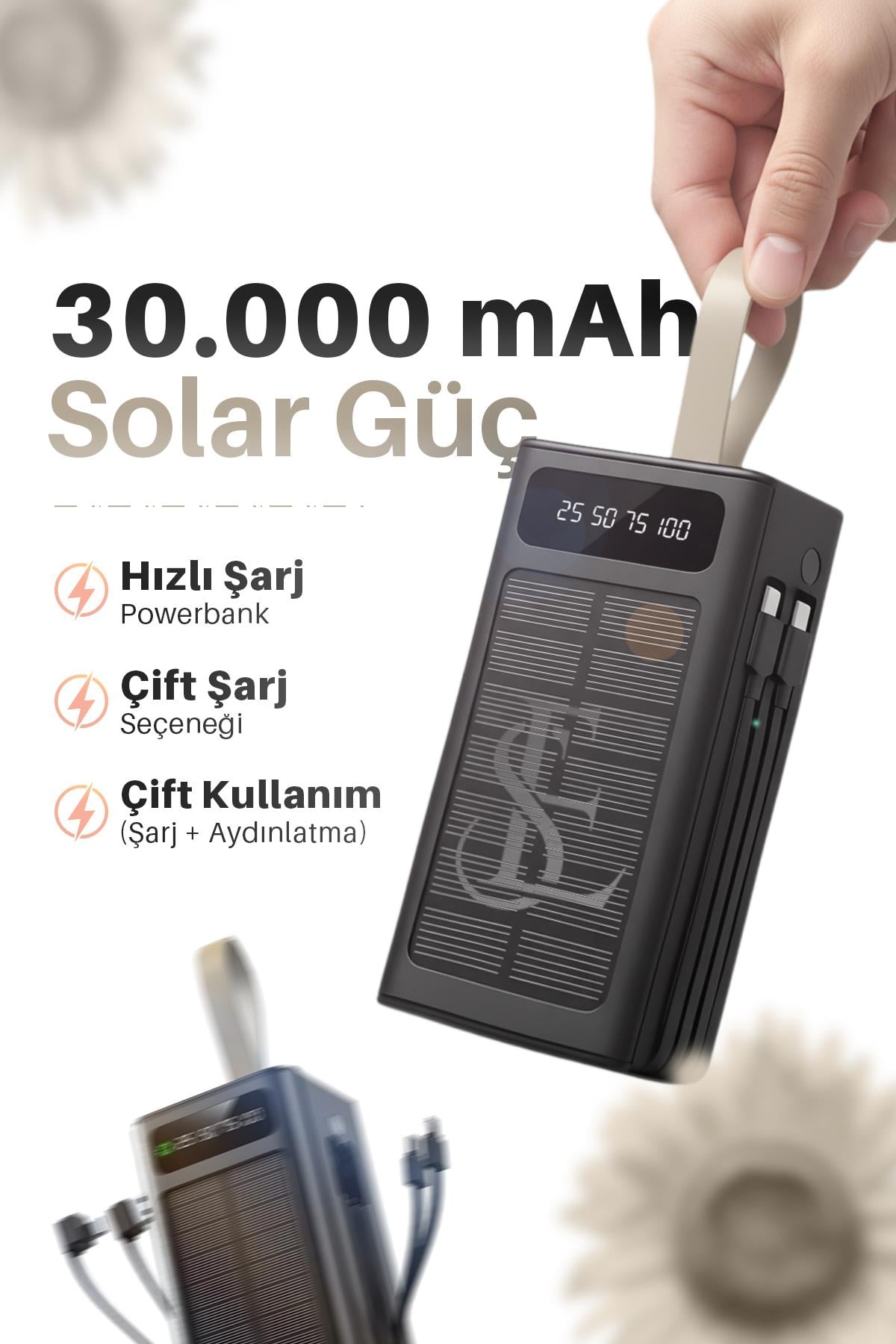 Ape Solar 30.000 Mah Güneş Enerjili Led Işıklı Powerbank Şarj Aleti 2x Usb Çıkışlı Mikro Type-C