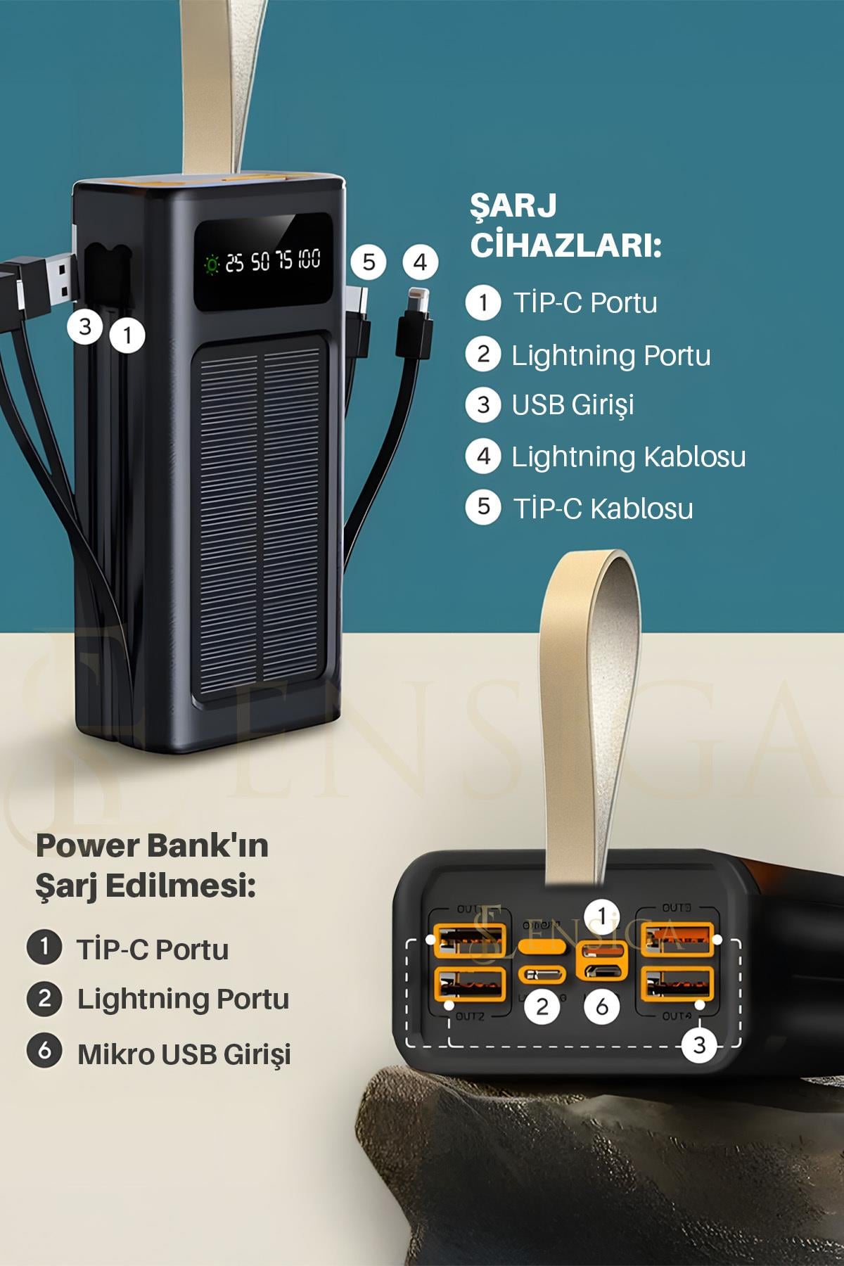 Ape Solar 50.000 Mah Güneş Enerjili Led Işıklı Powerbank Şarj Aleti 2x Usb Çıkışlı Mikro Type-C