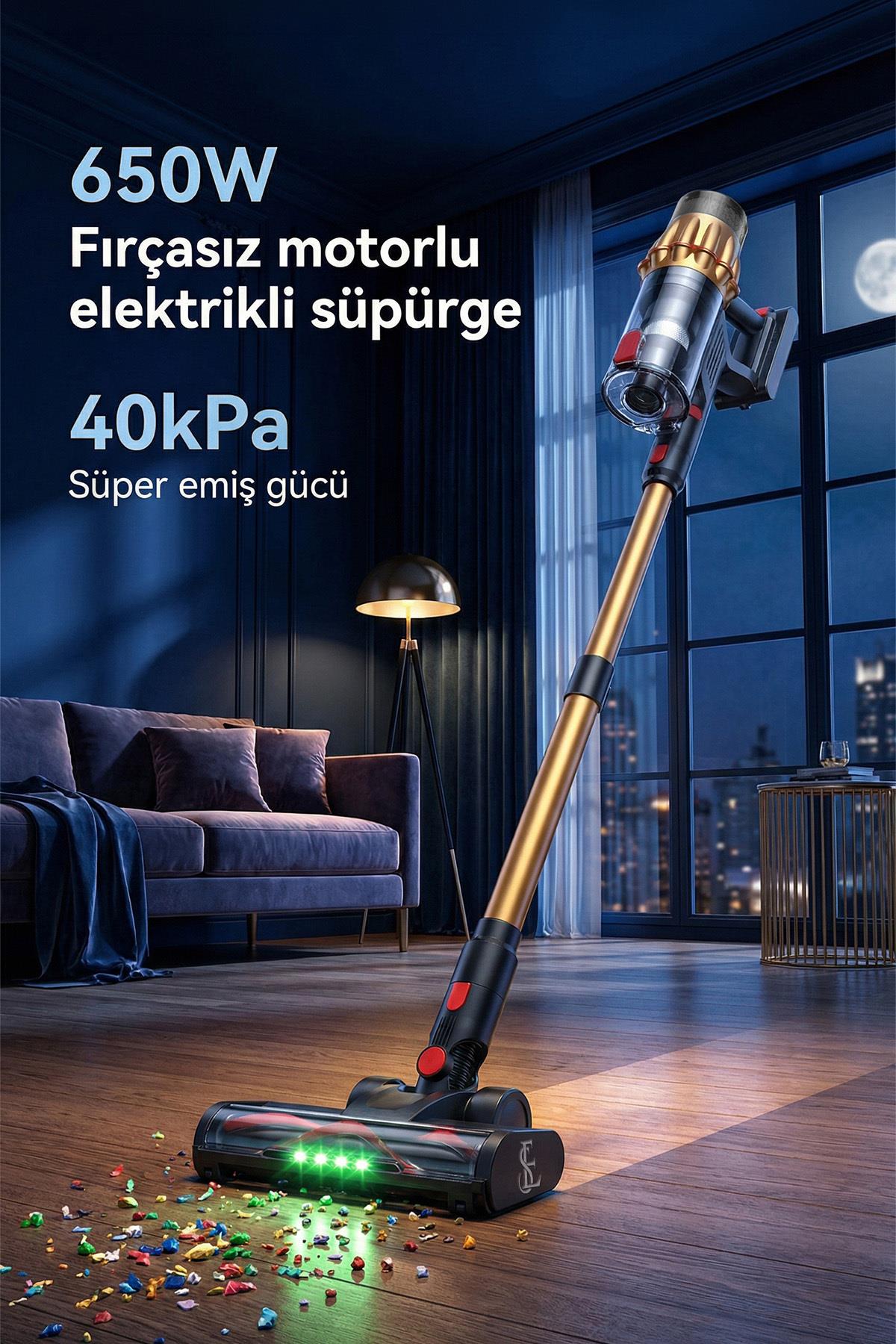Araç İçi Şarjlı ve Katlanabilir 40Kpa Lcd Ekranlı 650W Gücünde Toz Işıklı Dikey Süpürge