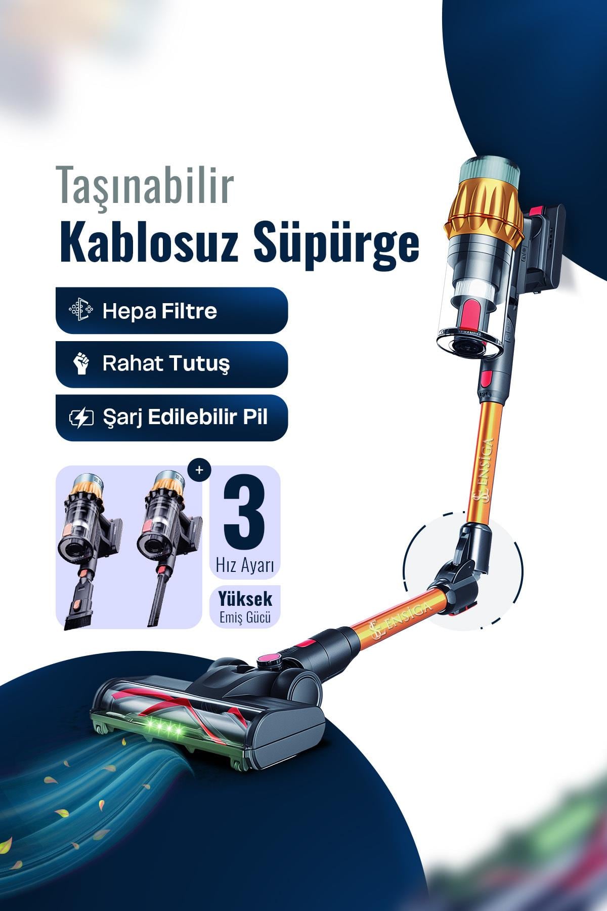 Araç İçi Şarjlı ve Katlanabilir 40Kpa Lcd Ekranlı 650W Gücünde Toz Işıklı Dikey Süpürge