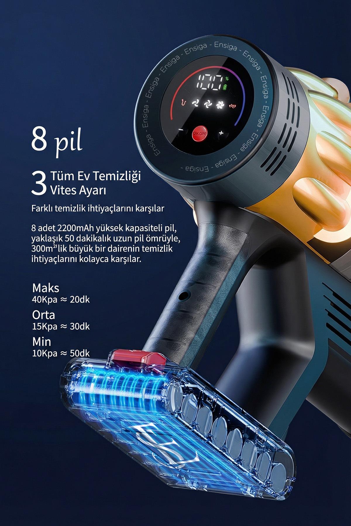 Araç İçi Şarjlı ve Katlanabilir 40Kpa Lcd Ekranlı 650W Gücünde Toz Işıklı Dikey Süpürge