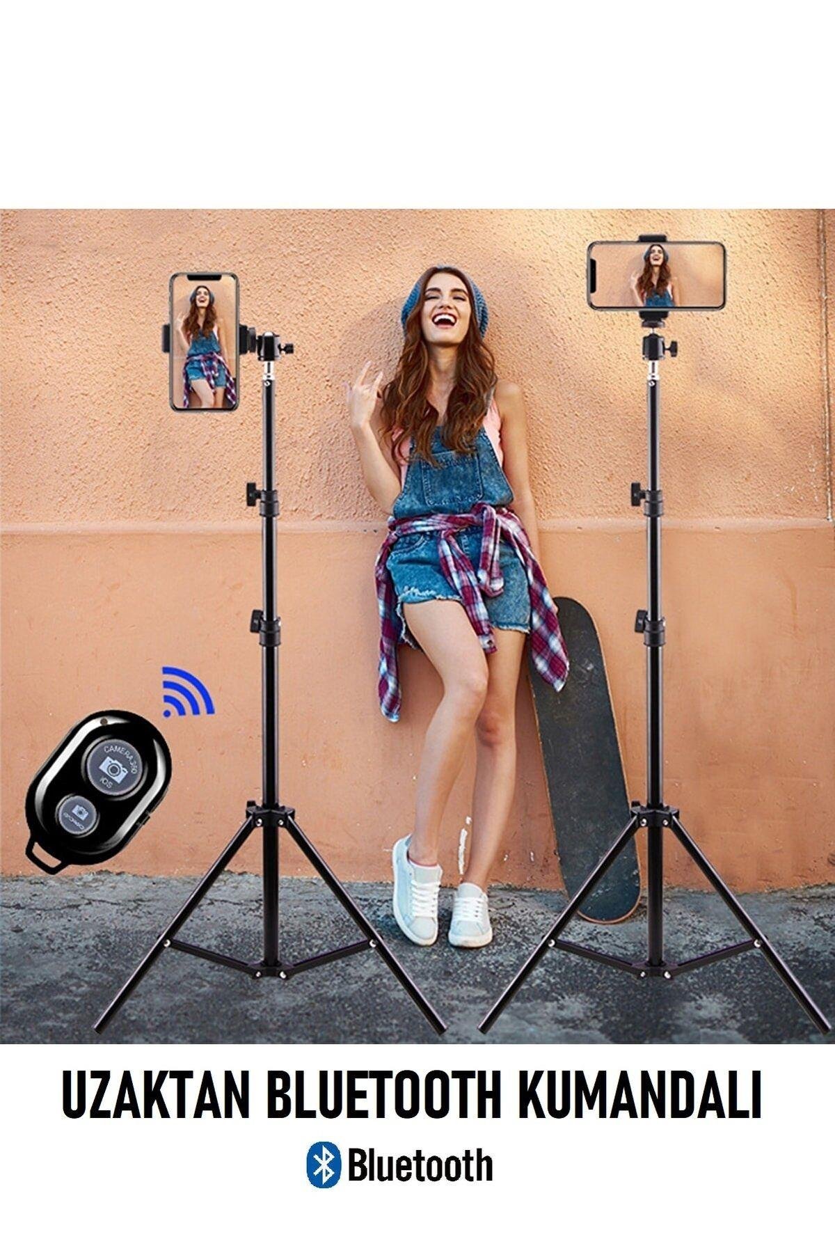 Bluetooth Kumandalı Tripod 2.1 Mt 360 Döner Başlıklı Telefon Tutucu Ring Light Stüdyo Lamba Ayağı