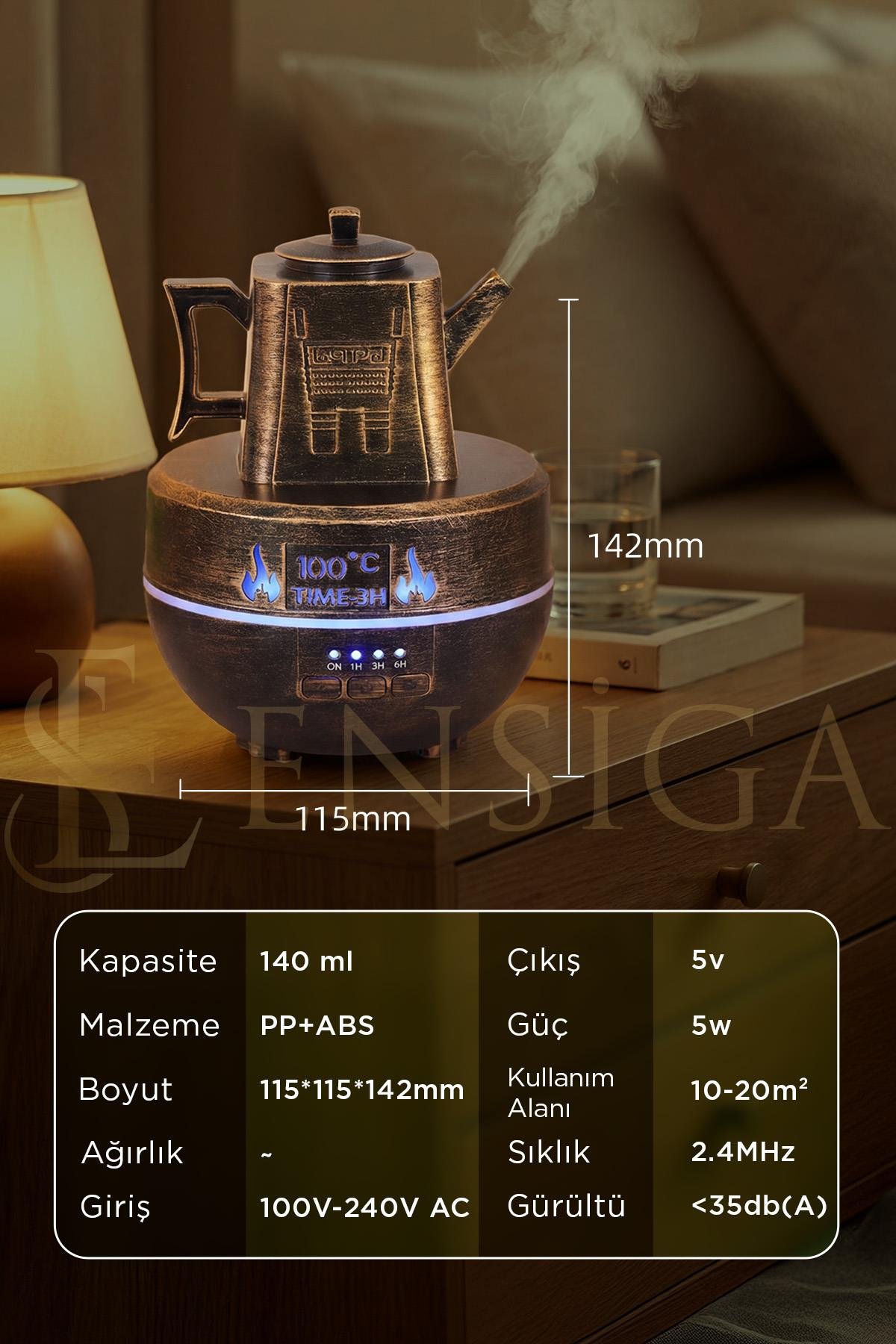 Çaydanlık Şekilli Ultrasonik Aroma Difüzör Uçucu Yağ Konabilir Bronz
