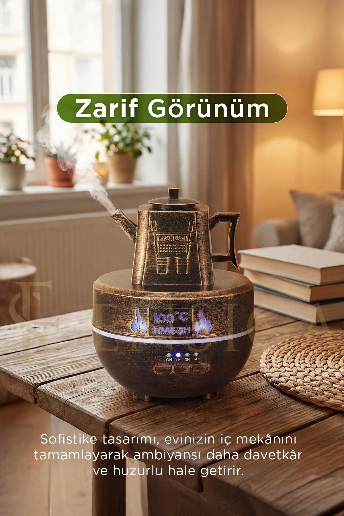 Çaydanlık Şekilli Ultrasonik Aroma Difüzör Uçucu Yağ Konabilir Bronz