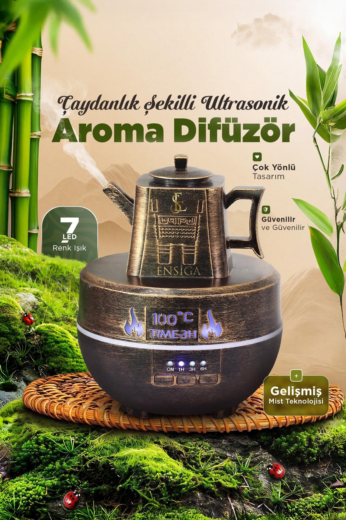 Çaydanlık Şekilli Ultrasonik Aroma Difüzör Uçucu Yağ Konabilir Bronz