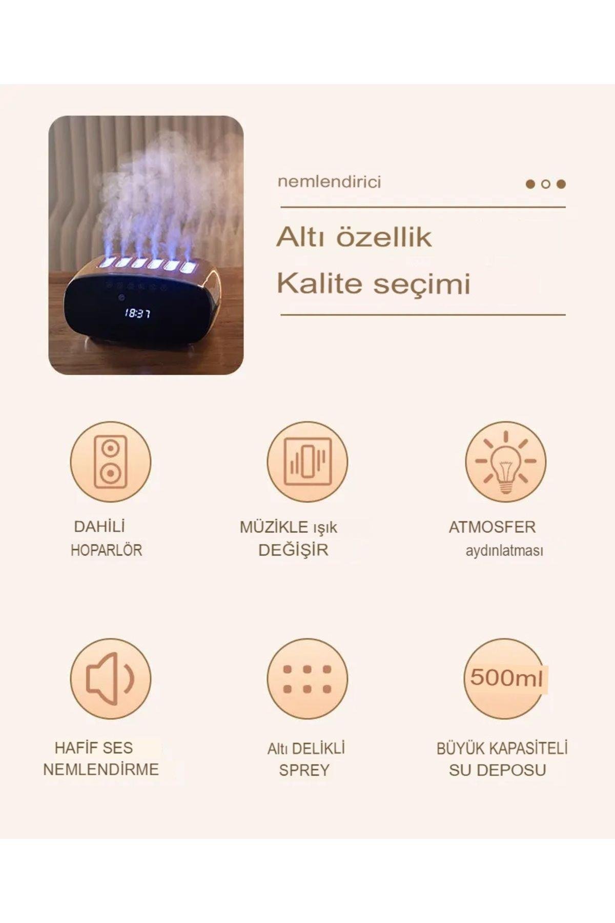 Dijital Saat Göstergeli Bluetooth Speaker RGB Modlu Hava Nemlendiricisi500ml Kapasiteli  Uyumlu