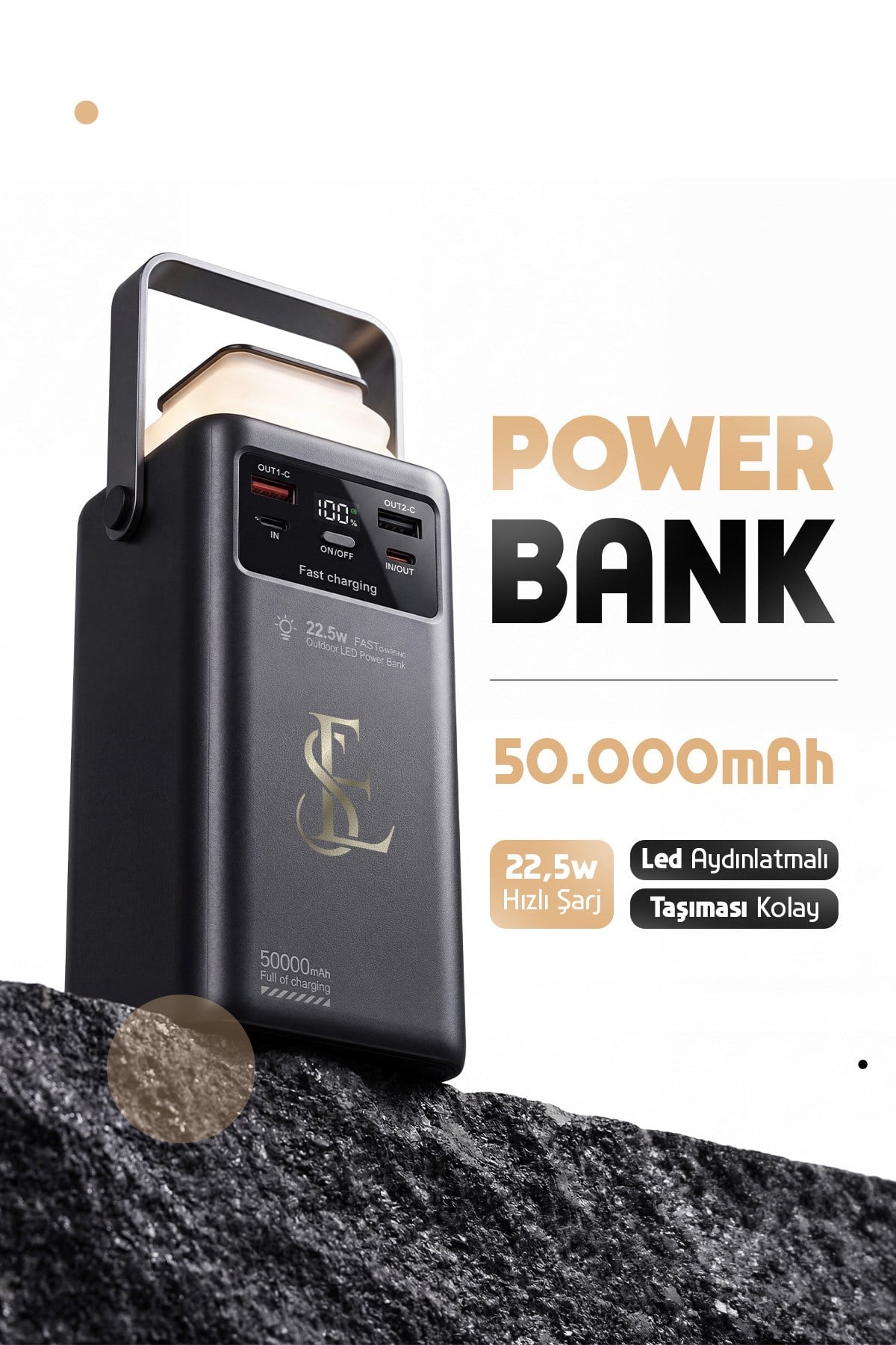 Led Aydınlatmalı 50.000 mAh Taşıma Askı Hızlı Şarj 22,5w Ultra Güçlü Powerbank