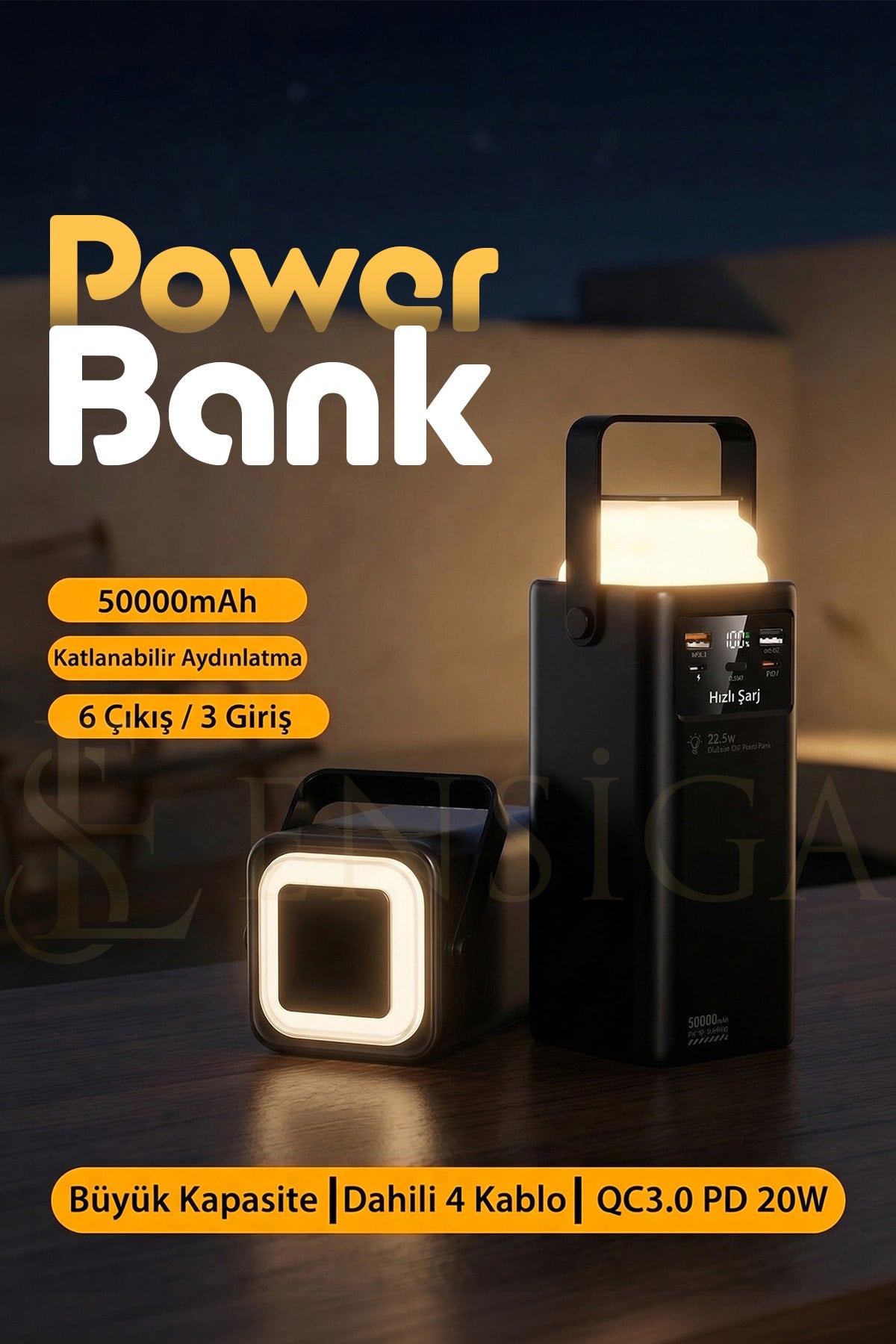 Led Aydınlatmalı 50.000 mAh Taşıma Askı Hızlı Şarj 22,5w Ultra Güçlü Powerbank
