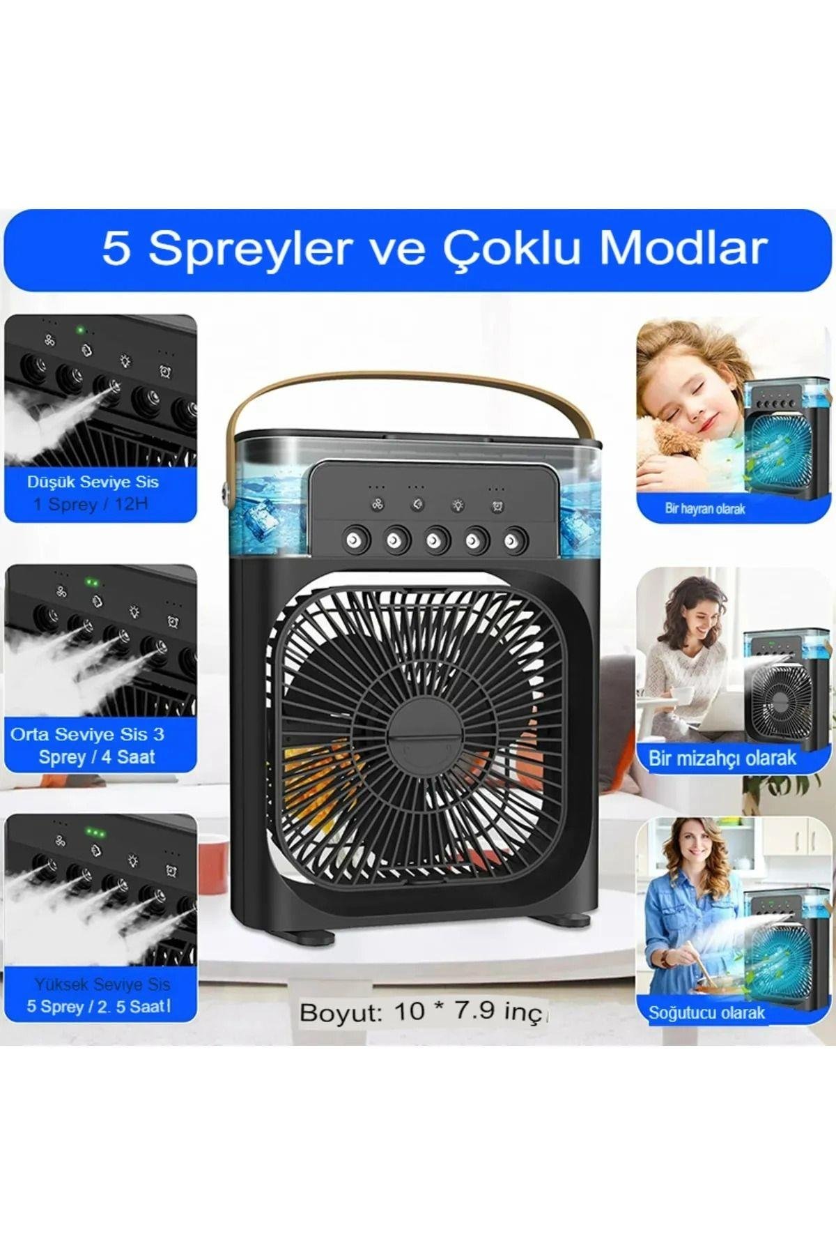 Ledli Fan Buzlu Hava Serinletici Su Püskürtmeli Vantilatör Fan Taşınabilir Hava Nemlendiricili