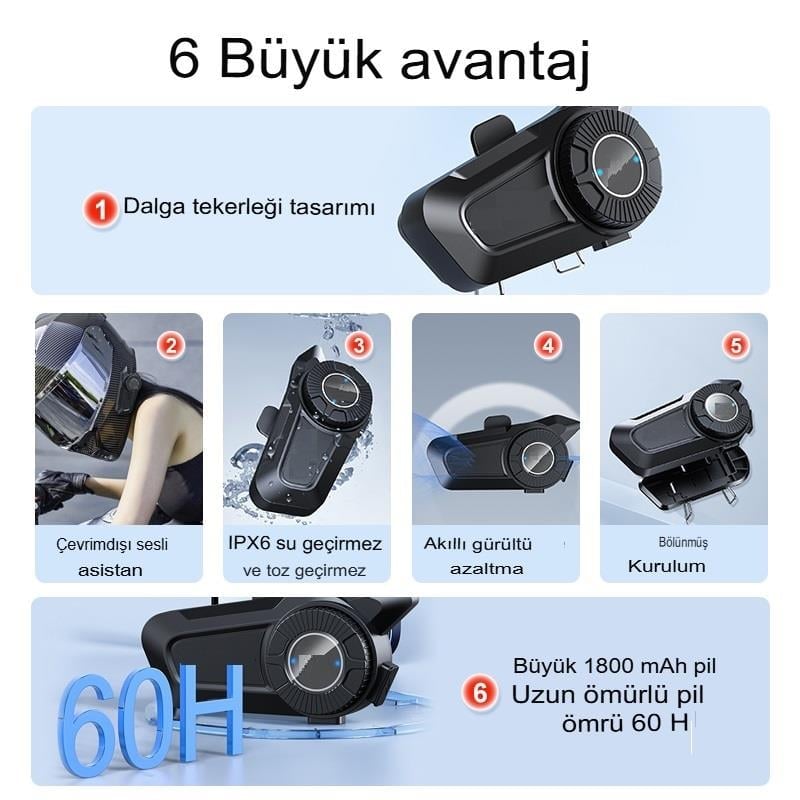 Mega Güçlü Batarya 1.800Mah Kurye Motorcu İntercoom Kask Kulaklık Moto Kulaklık