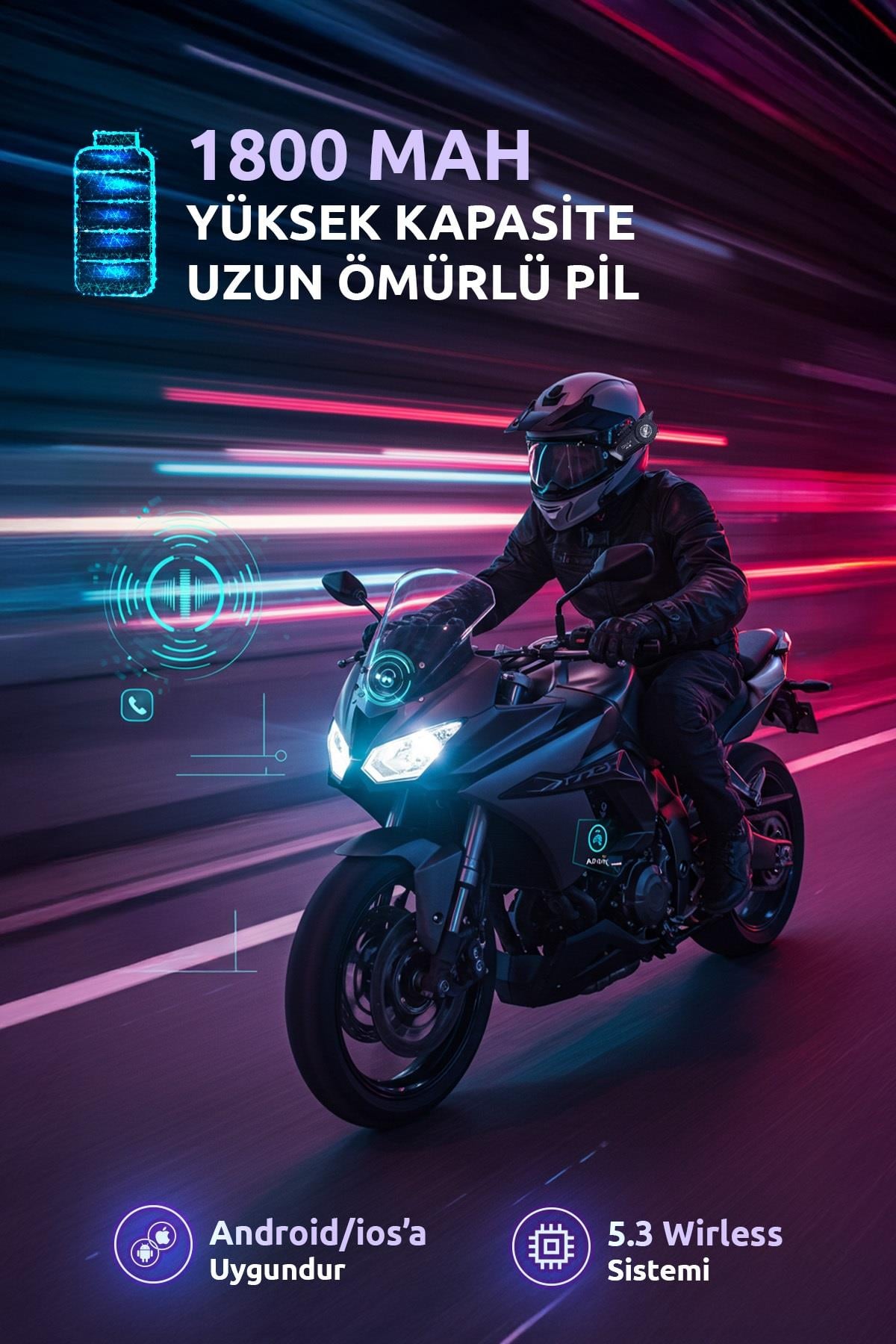 Mega Güçlü Batarya 1.800Mah Kurye Motorcu İntercoom Kask Kulaklık Moto Kulaklık
