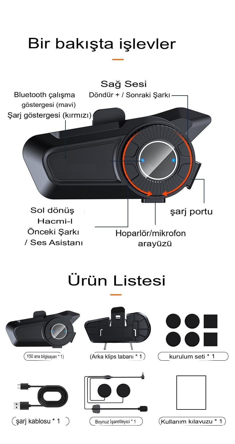 Mega Güçlü Batarya 1.800Mah Kurye Motorcu İntercoom Kask Kulaklık Moto Kulaklık