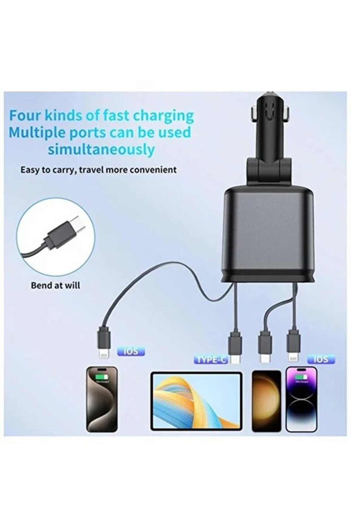 QC3.0 66W PD Hızlı Şarjlı Araç Şarj Cihazı Yıldızlı Tavan Ambiyans Işıklı Çoklu Şarj Adaptörü